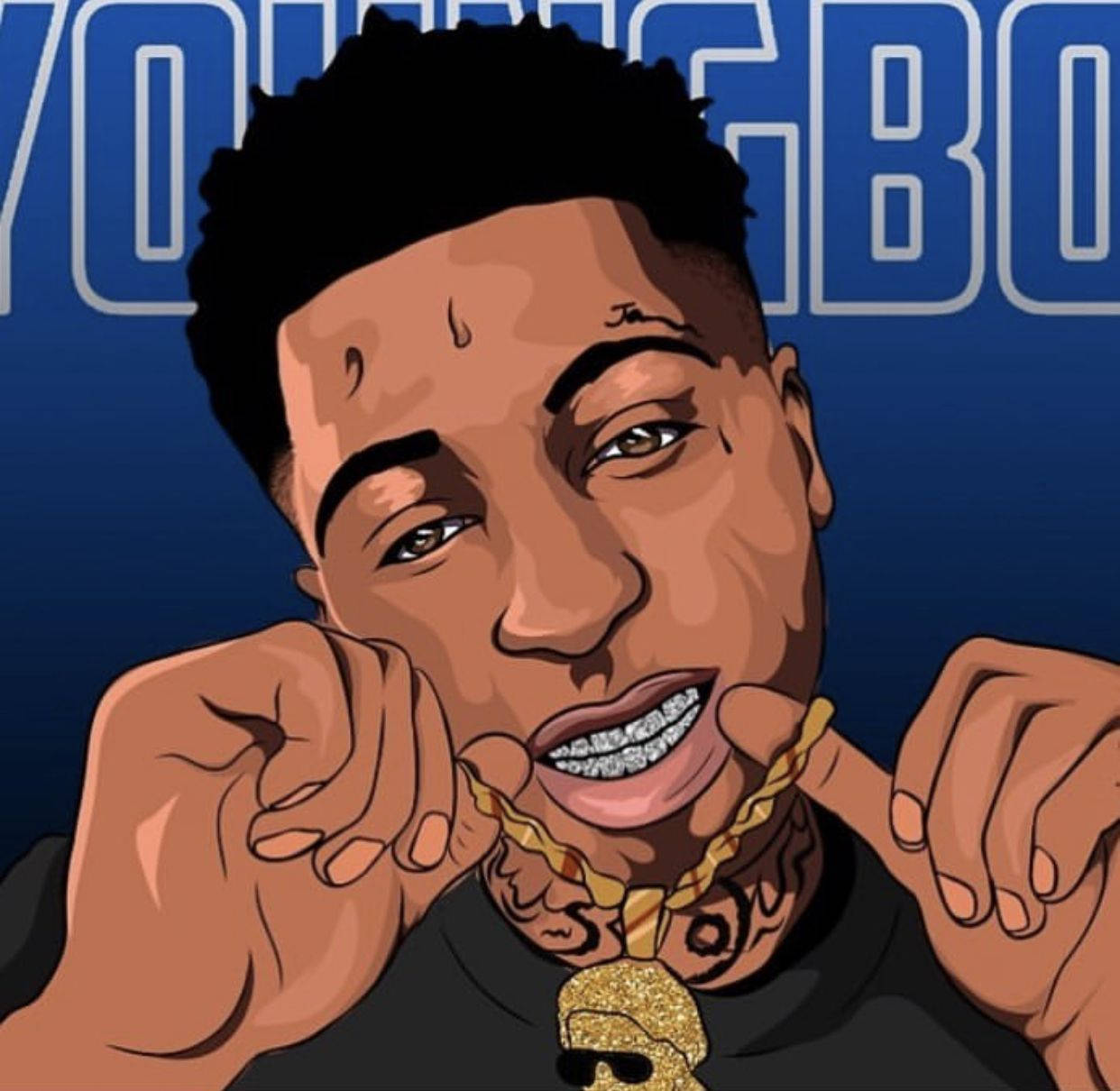 Cartoon 桌布 壁紙 — 一幅風格化的插圖，描繪了YoungBoy Nickelodeon，戴著鑽石牙套和金鏈，背景為藍色，並帶有他的名字。