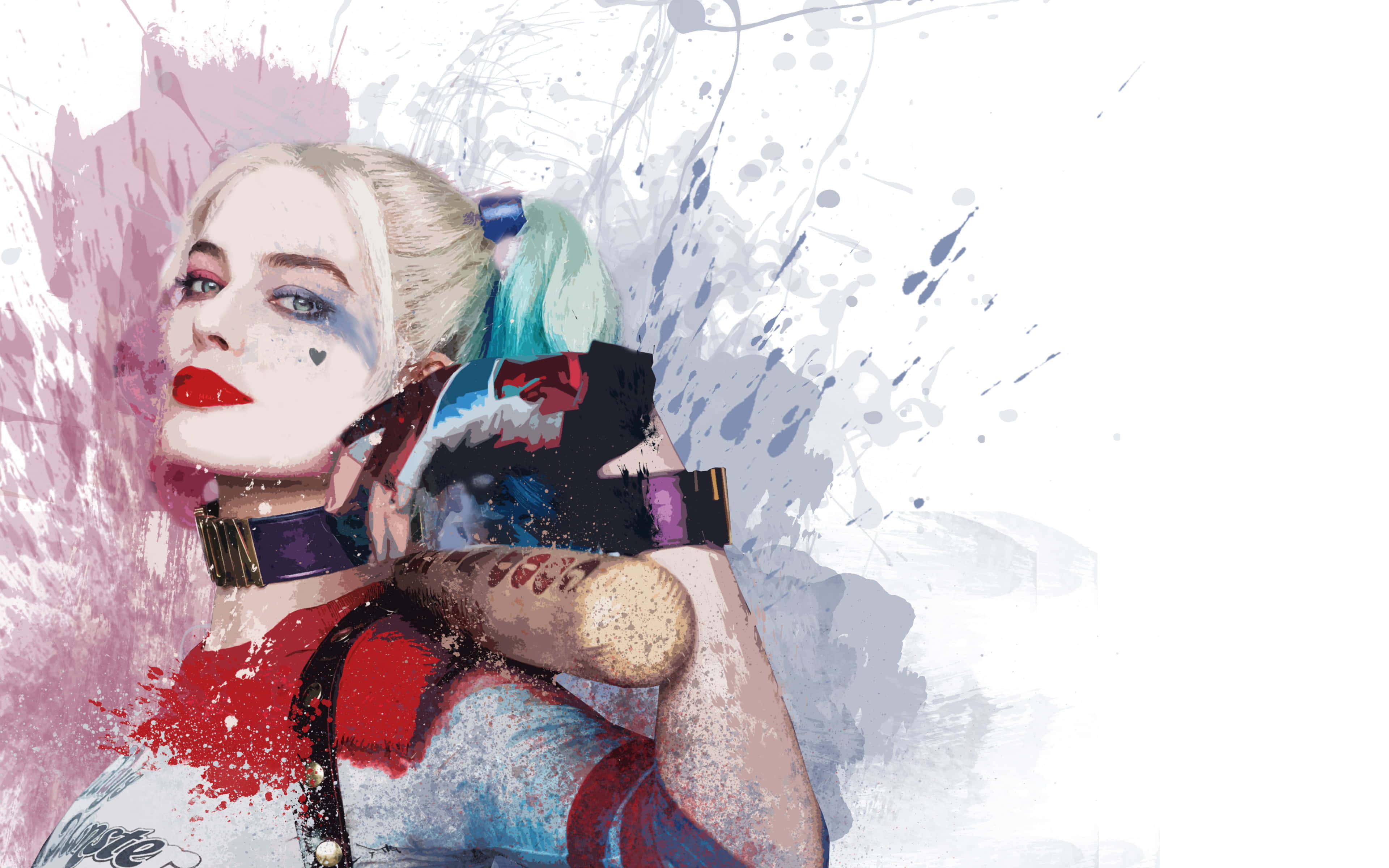 Harley Quinn Baseball Bat 桌布 壁紙 — 一幅風格化的插圖，描繪哈莉·奎茵在潑漆背景前手持棒球棍。