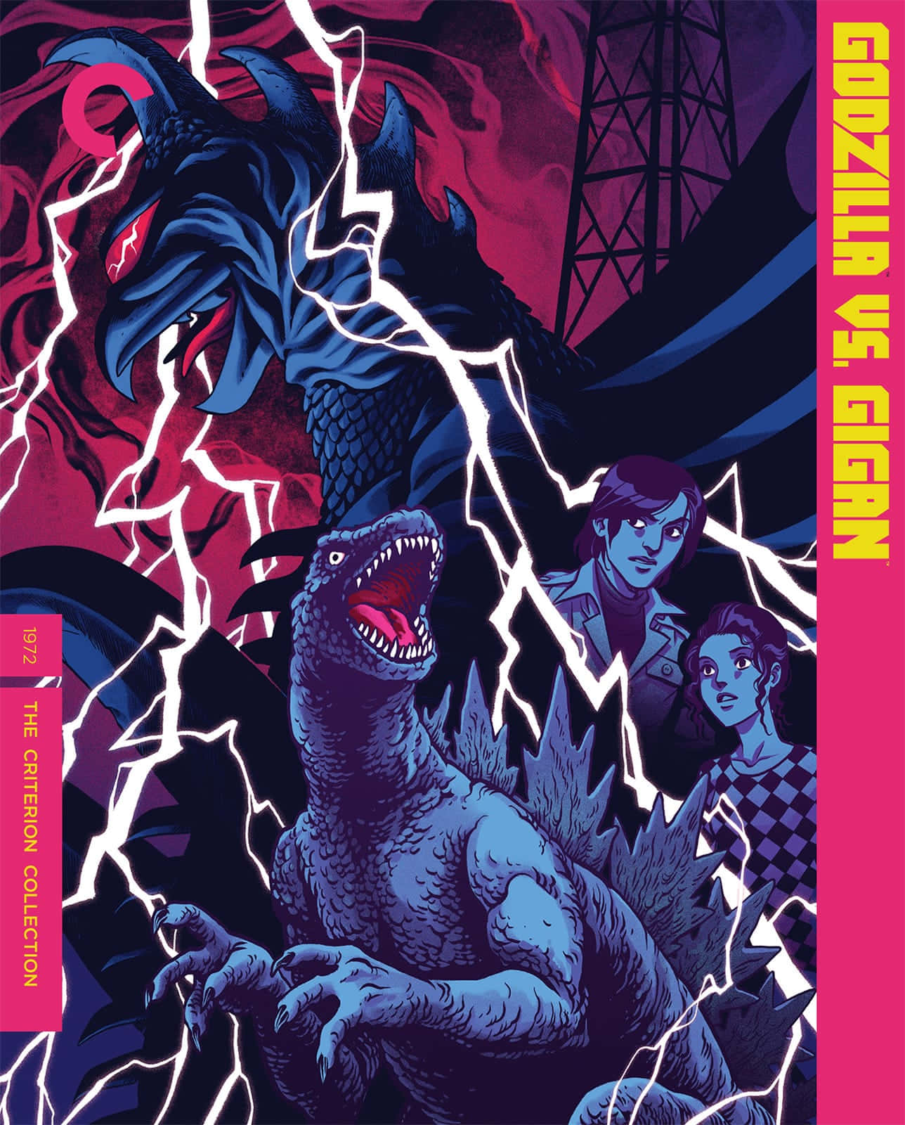 Godzilla Vs Gigan 桌布 壁紙 — 一幅風格化的插圖，描繪哥斯拉和基剛在閃電中戰鬥，兩個人在敬畏地觀看。