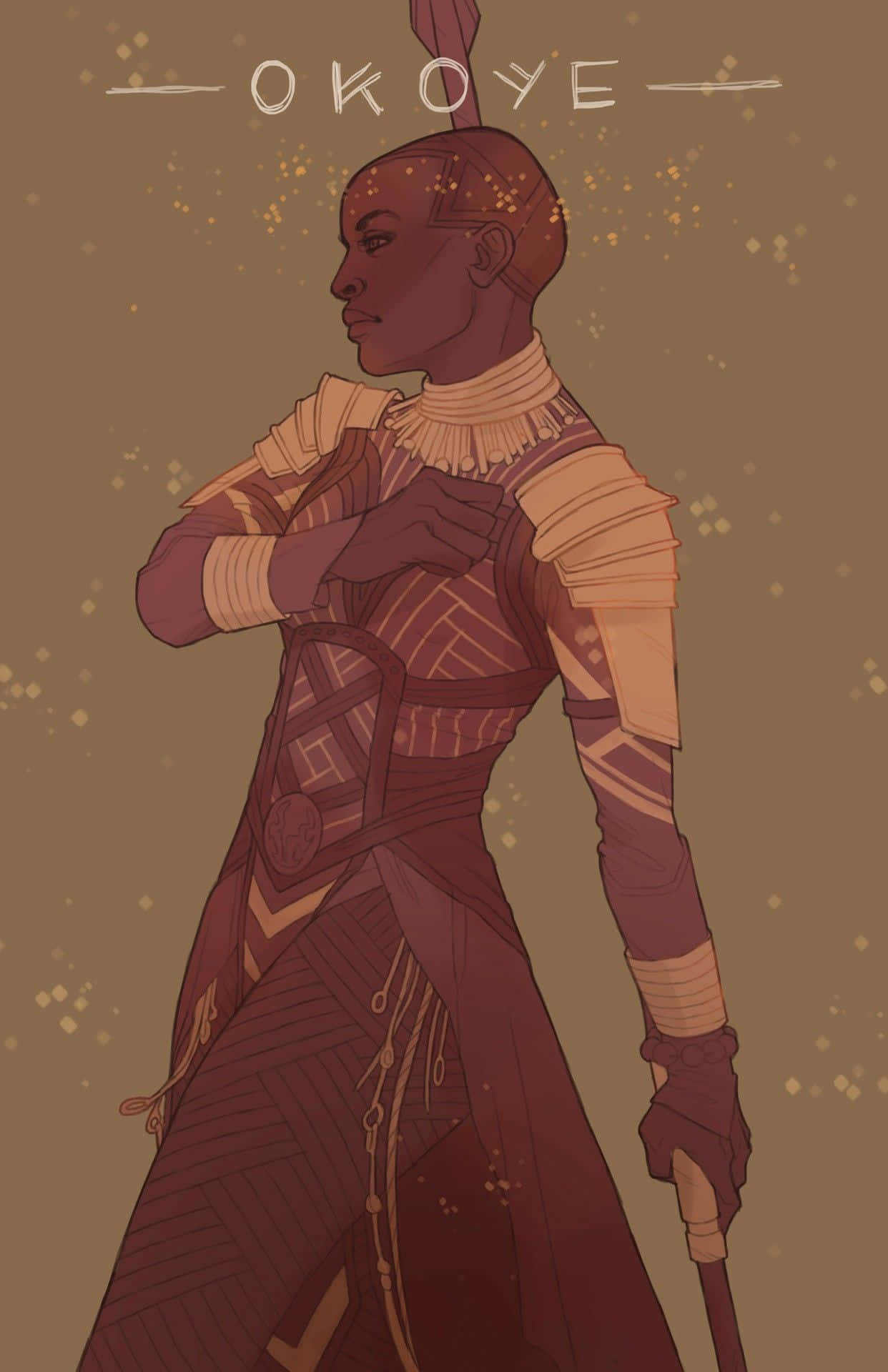 Okoye 桌布 壁紙 — 一幅風格化的插圖，描繪奧科耶身穿細節豐富的盔甲，帶有幾何圖案和發光粒子，背景為溫暖的棕色。