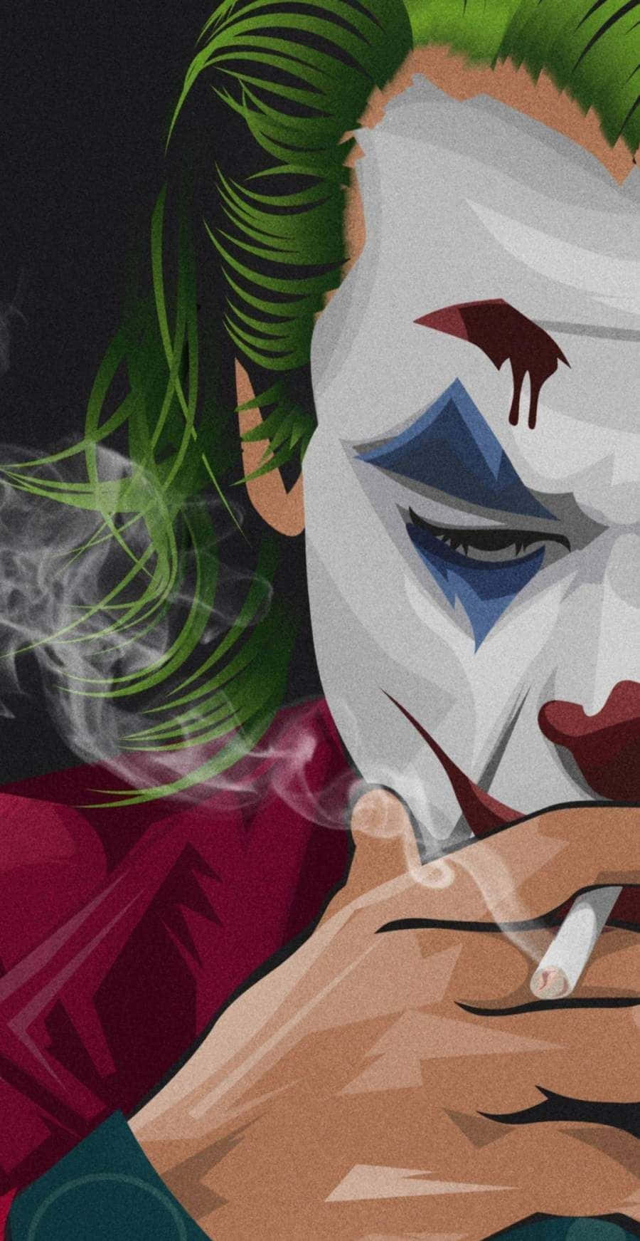 Joker Painting 桌布 壁紙 — 一幅風格化的插圖，描繪小丑在深色背景前抽煙，擁有綠色頭髮和白色臉部塗料。