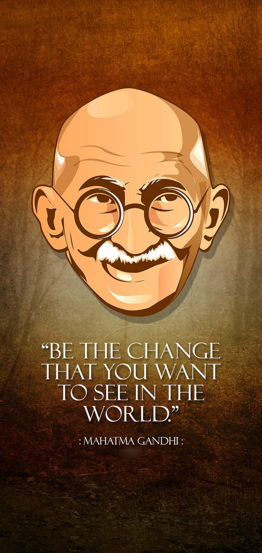 Mahatma Gandhi 桌布 壁紙 — 一幅風格化的插圖，描繪戴著圓框眼鏡微笑的聖雄甘地，背景為帶紋理的棕色，並附有他的名言。
