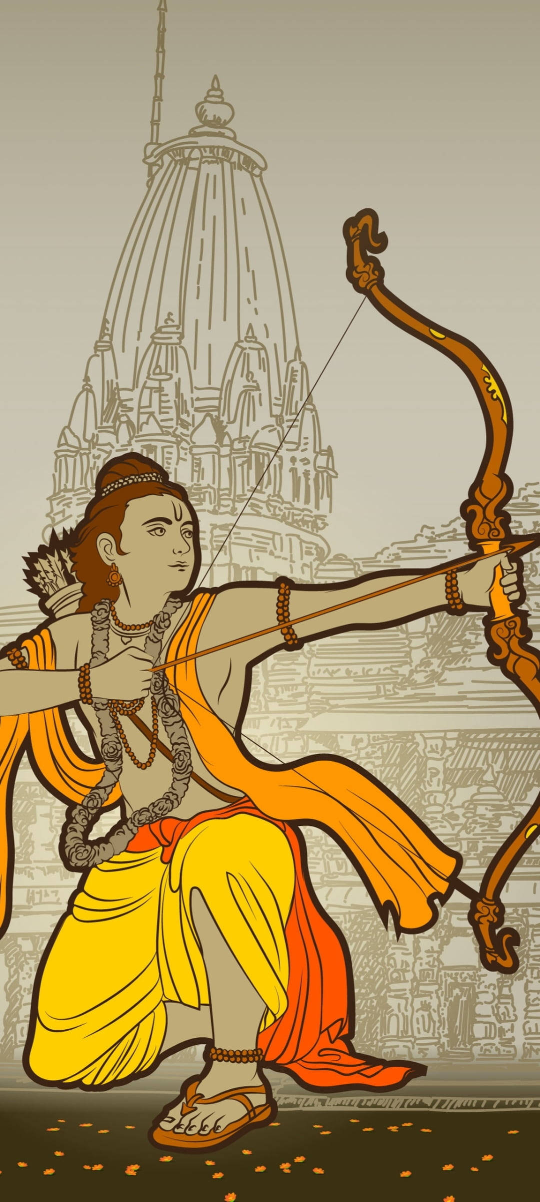 Hindu God 桌布 壁紙 — 一幅風格化的插圖，描繪羅摩勛爵瞄準弓箭，背景是一座寺廟。