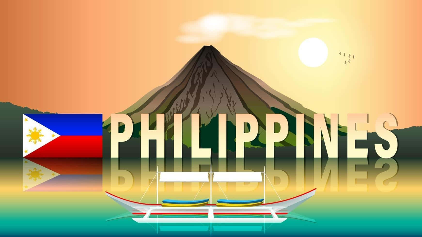 Philippines 桌布 壁紙 — 一幅風格化的插圖，描繪菲律賓國旗旁邊有山和舷外支架船，在發光的太陽下。