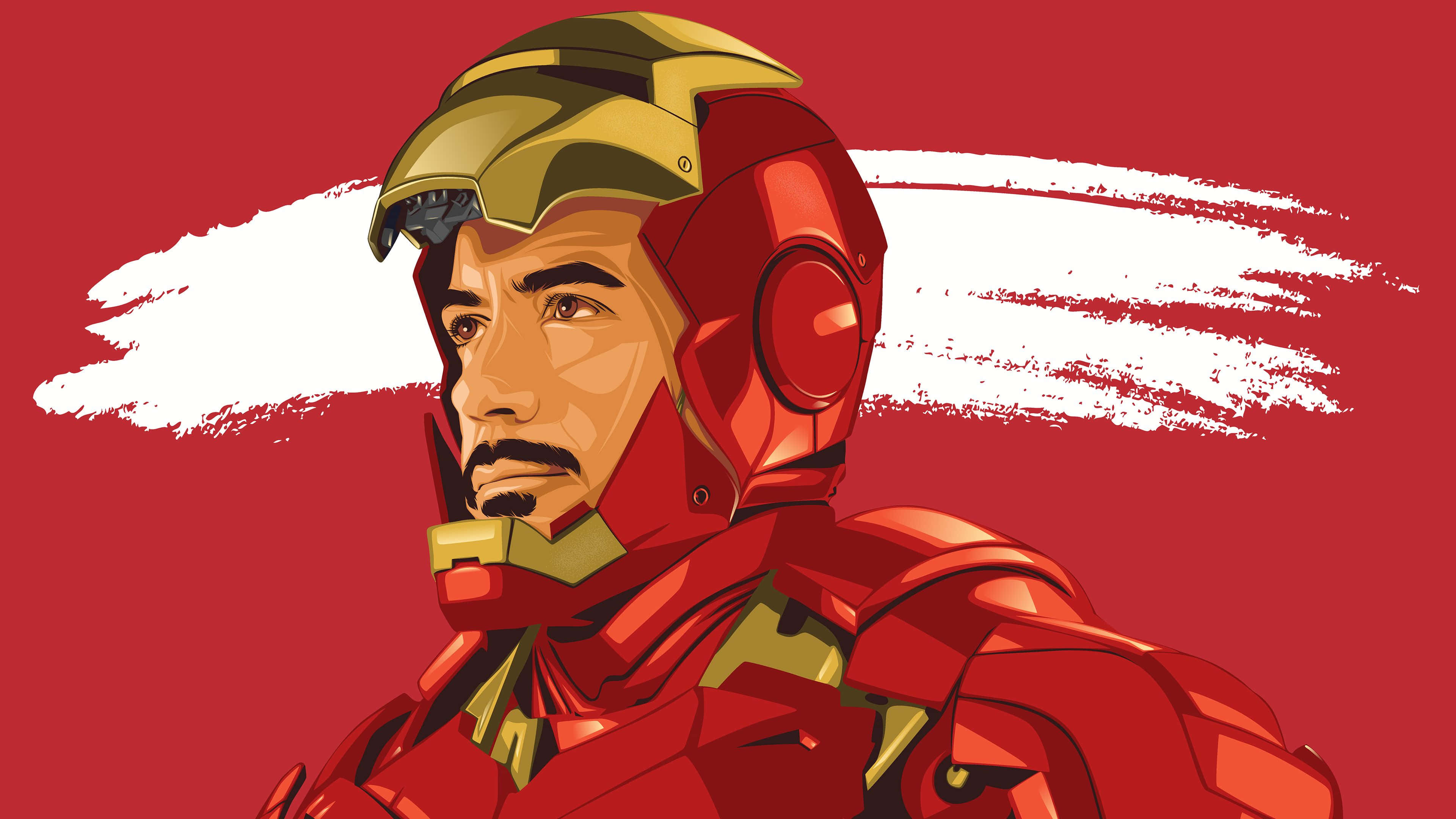 Iron Man Art 桌布 壁紙 — 一幅風格化的插圖，描繪身穿紅色和金色盔甲的鐵甲奇俠，背景為帶有白色筆觸的醒目紅色。