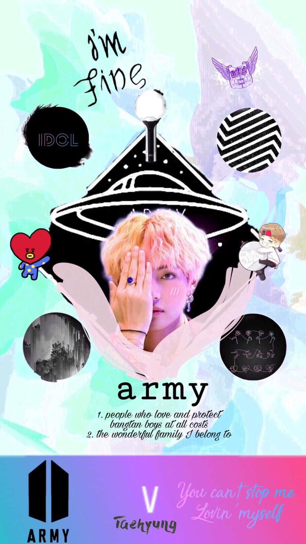 Bts Army Bomb 桌布 壁紙 — 一幅風格化的數碼拼貼畫，中央是泰亨的肖像，周圍環繞著粉絲符號和文字元素，背景為柔和漸變色。