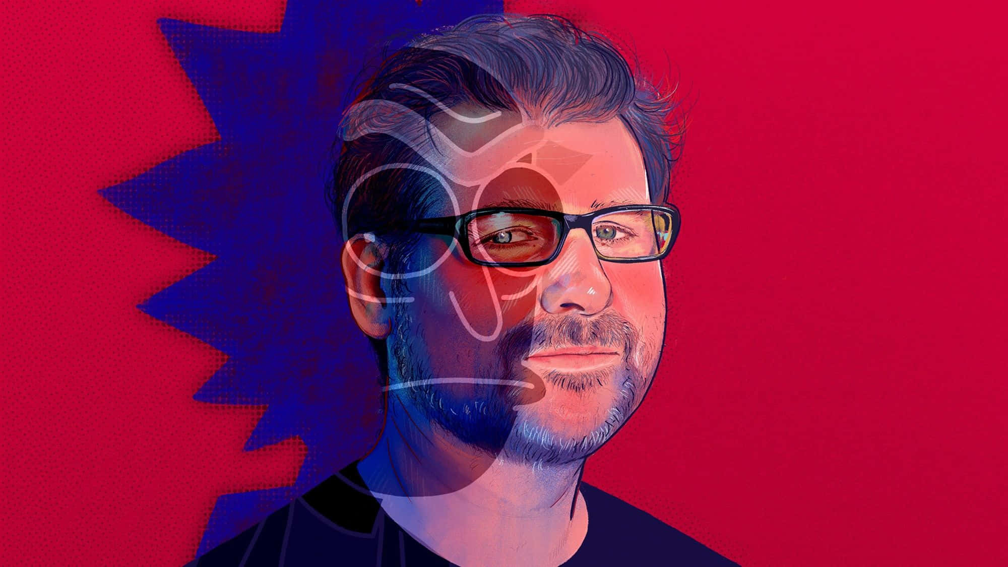 Justin Roiland 桌布 壁紙 — 一幅風格化的數碼肖像，描繪一位戴眼鏡的男士，背景是充滿活力的紅色和藍色，並帶有抽象形狀。