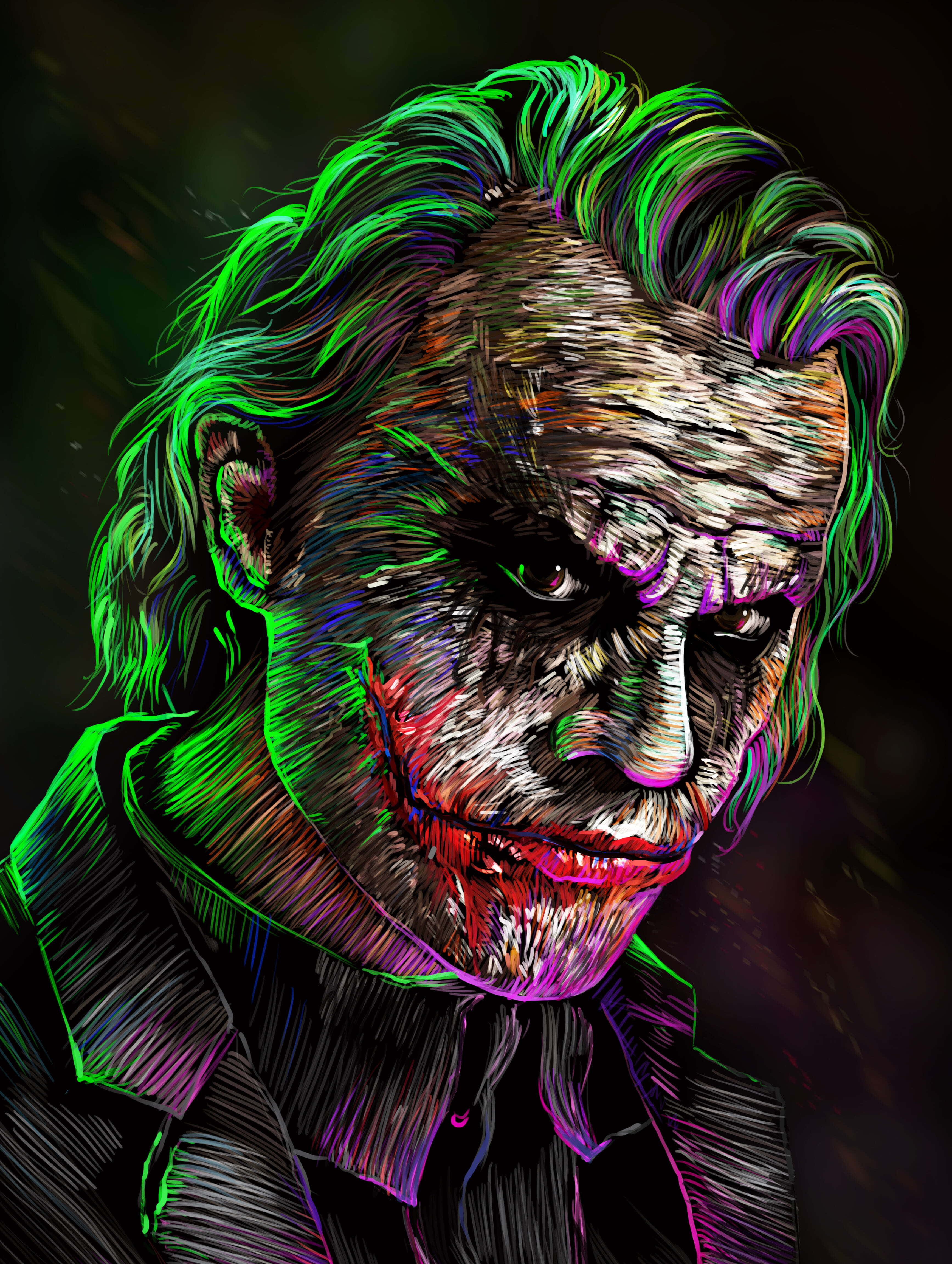 Joker Art 桌布 壁紙 — 一幅風格化的數碼肖像，描繪小丑擁有螢光綠色頭髮和鮮豔的紫紅色化妝，背景為深色。