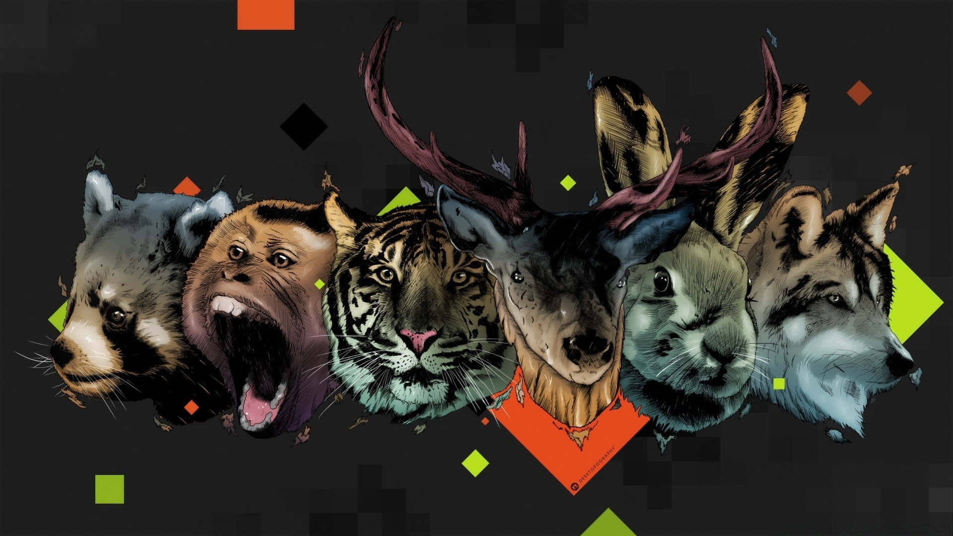 3d Animal 桌布 壁紙 — 一幅風格化的數碼藝術作品，展示六個兇猛的動物頭部——浣熊、猴子、老虎、鹿、兔子、狼——在深色背景上排列成一排，並帶有色彩繽紛的幾何形狀。