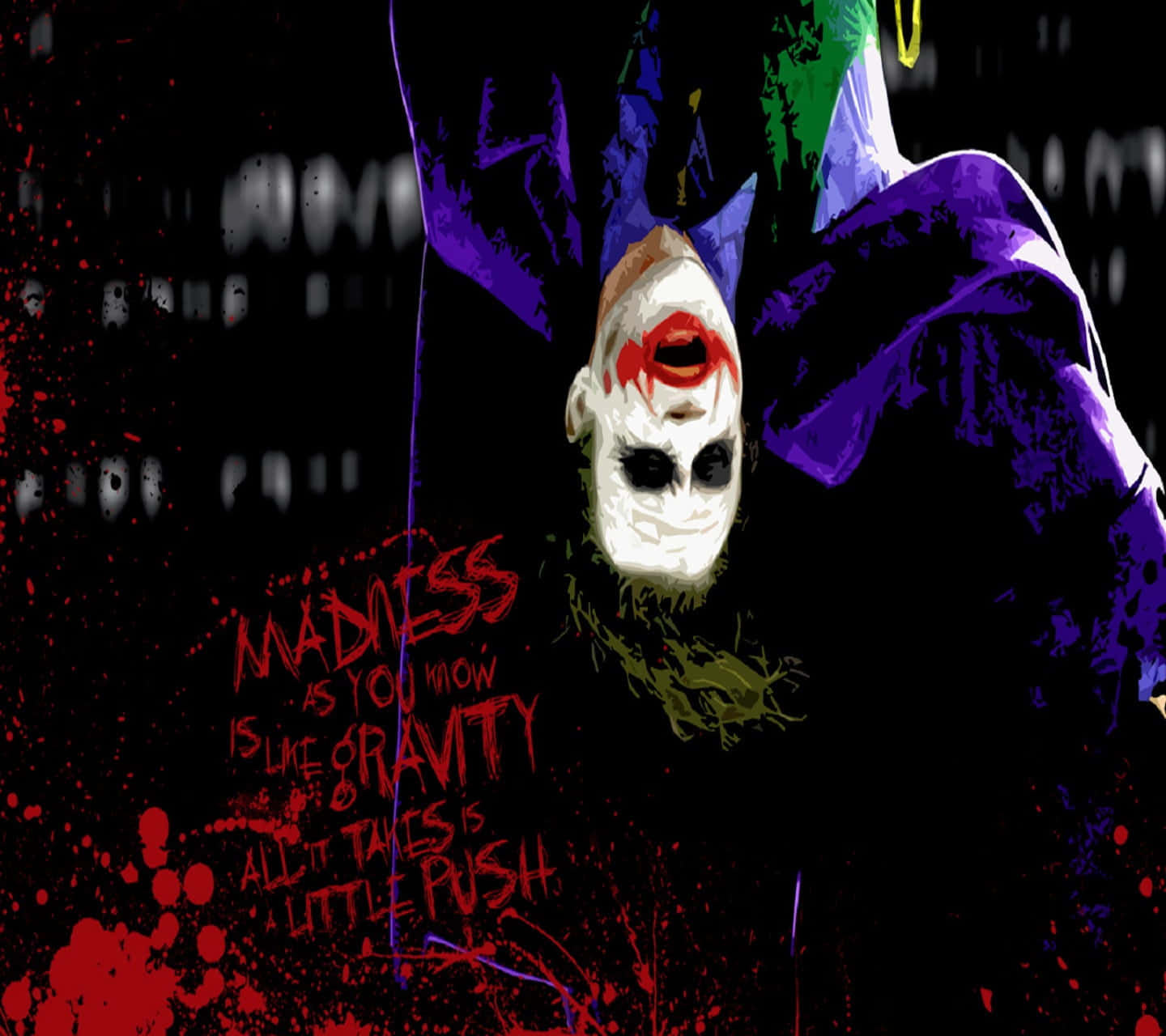 Joker Quotes 桌布 壁紙 — 一幅風格化的數碼藝術肖像，描繪小丑倒掛，帶有紅色飛濺和引文，背景為深色。
