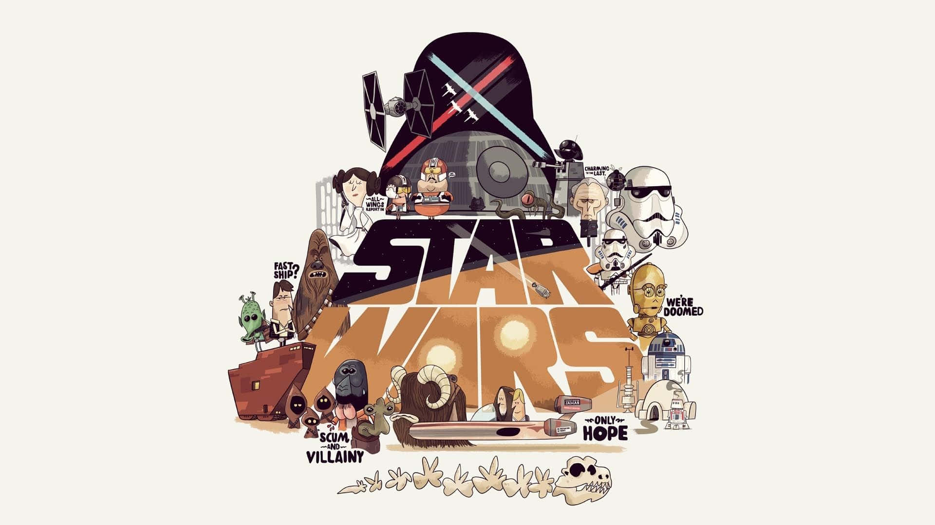 A New Hope 桌布 壁紙 — 一幅風格化的星球大戰拼貼畫，以標誌性角色和載具圍繞粗體標題排列，並附有幽默語錄。