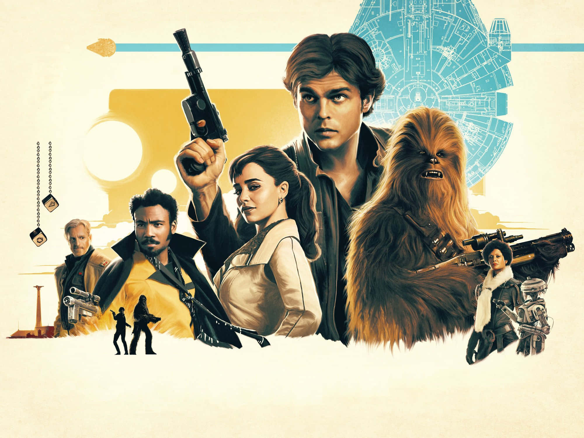 Solo A Star Wars Story 桌布 壁紙 — 一幅風格化的星際大戰角色插圖，包括韓索羅、丘巴卡和蕾伊，背景有千年鷹號。