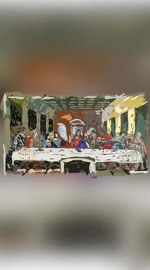 Sacrament 桌布 壁紙 — 一幅風格化的最後晚餐插圖，描繪耶穌和門徒在燈光昏暗的房間裡圍坐在長桌旁。