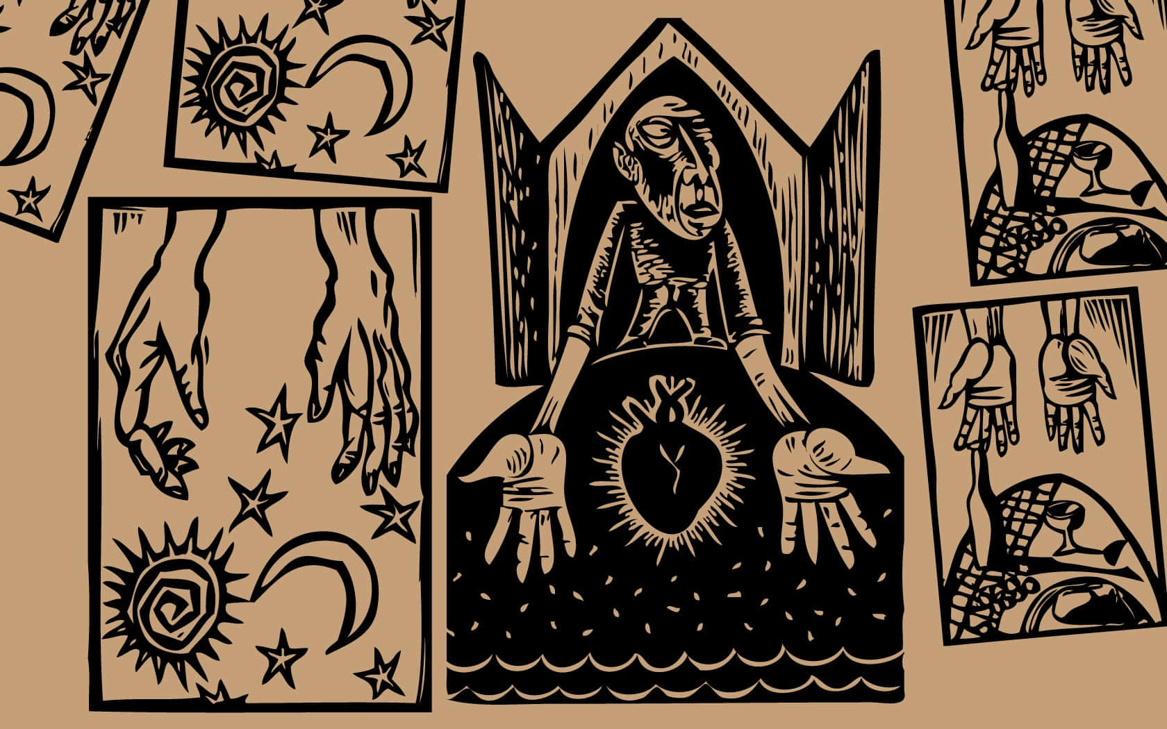Occult 桌布 壁紙 — 一幅風格化的木刻插圖描繪了一個中心人物，手持一顆心臟和雙手，周圍環繞著星星、月亮和手的象徵性面板。