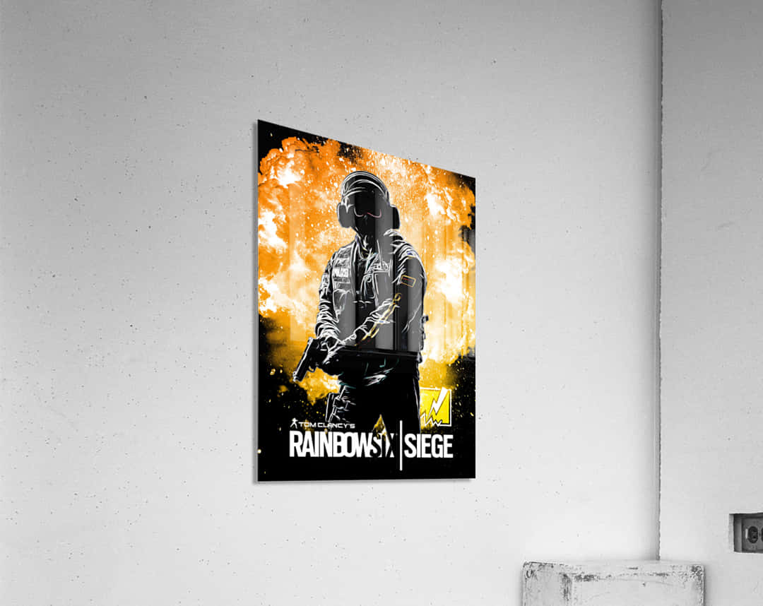 Rainbow Six Siege Bandit 桌布 壁紙 — 一幅風格化的海報，展示來自《湯姆克蘭西：虹彩六號：圍攻行動》的蒙面幹員，背景是熾熱的橙色爆炸。