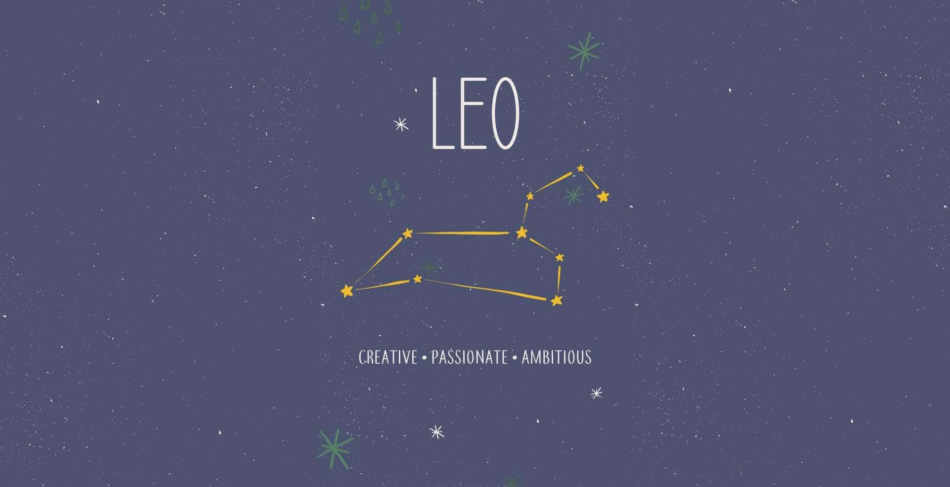 獅子 桌布 壁紙 — 一幅風格化的獅子座插圖，以金色線條和星星點綴在深紫色夜空上。