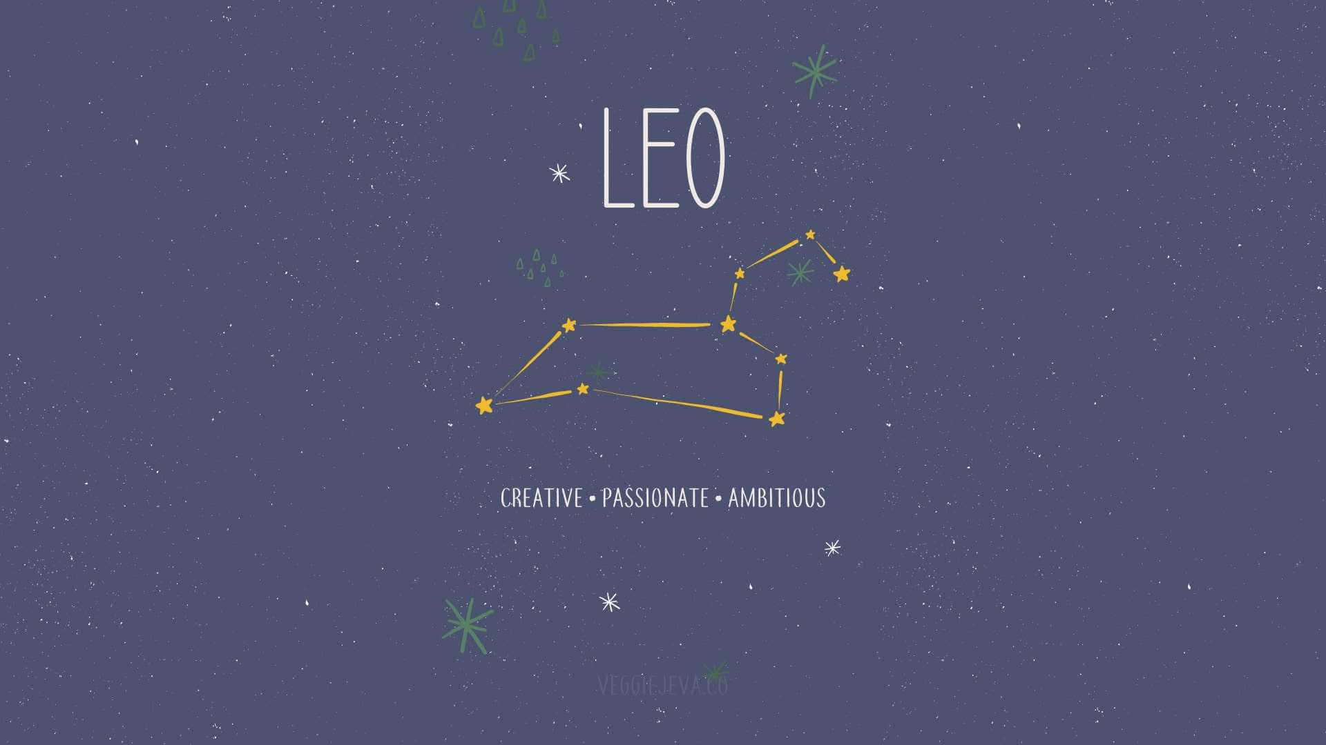 獅子 桌布 壁紙 — 一幅風格化的獅子座星座插圖，以金色線條和星星點綴在深紫色夜空上。