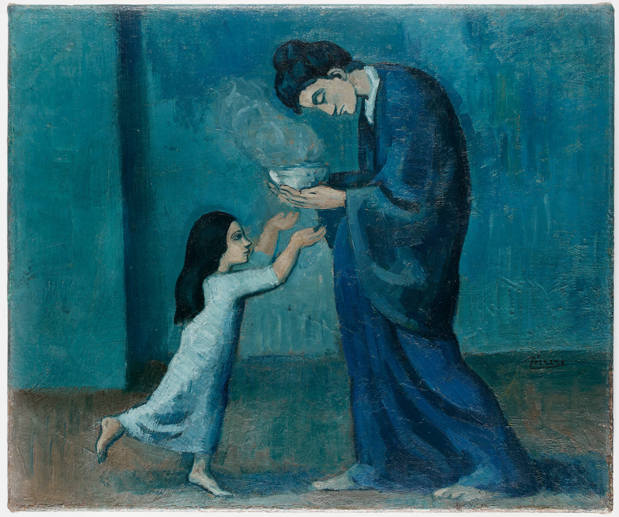 Painting 桌布 壁紙 — 一幅風格化的畫作，描繪一個孩子伸手去夠一個站著的成年人，成年人手持一個冒著熱氣的碗，背景是藍綠色。