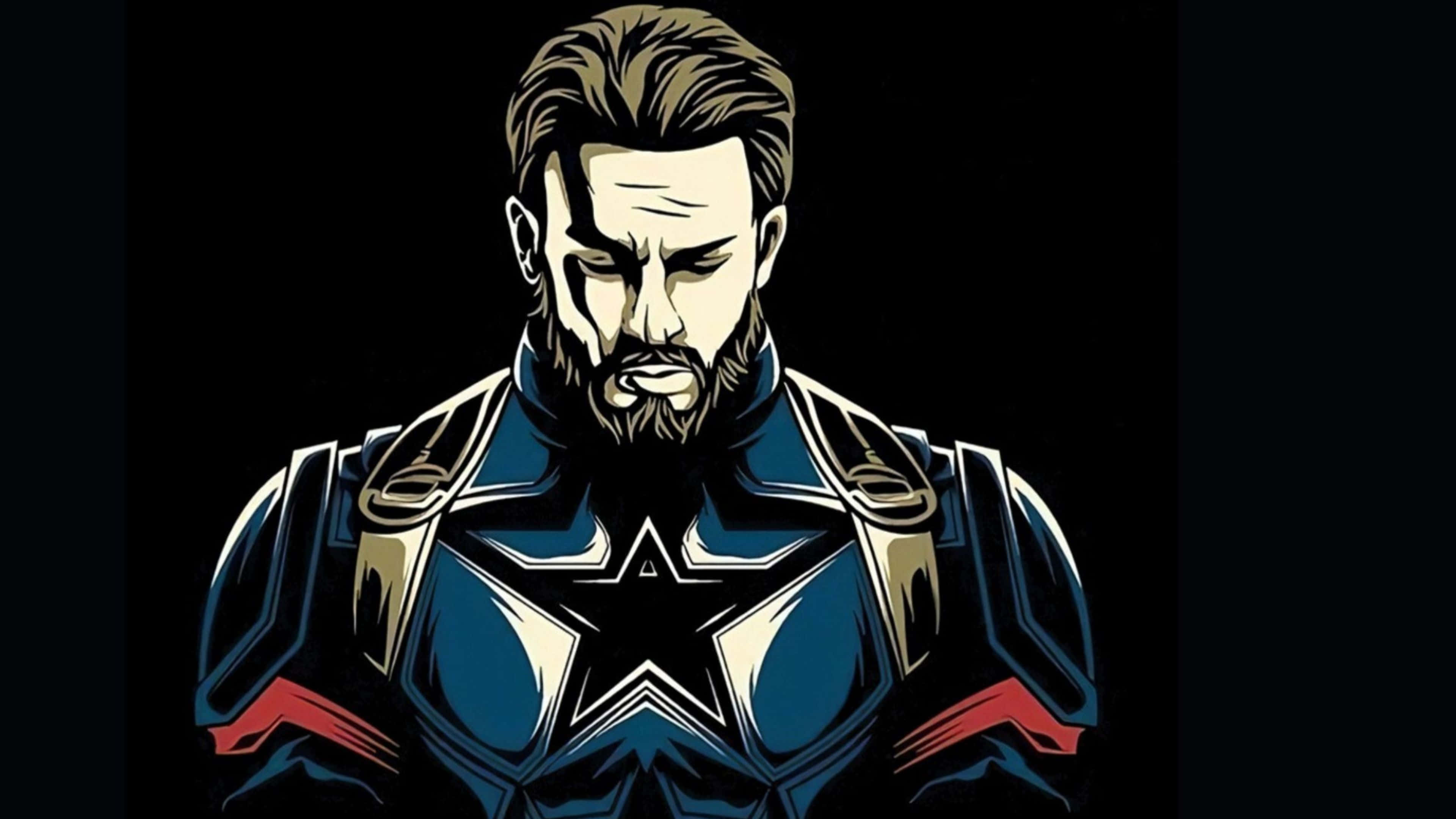 4K Captain America 桌布 壁紙 — 一幅風格化的美國隊長插圖，以嚴肅姿態站在黑色背景前，採用大膽的藍色、紅色和金色。