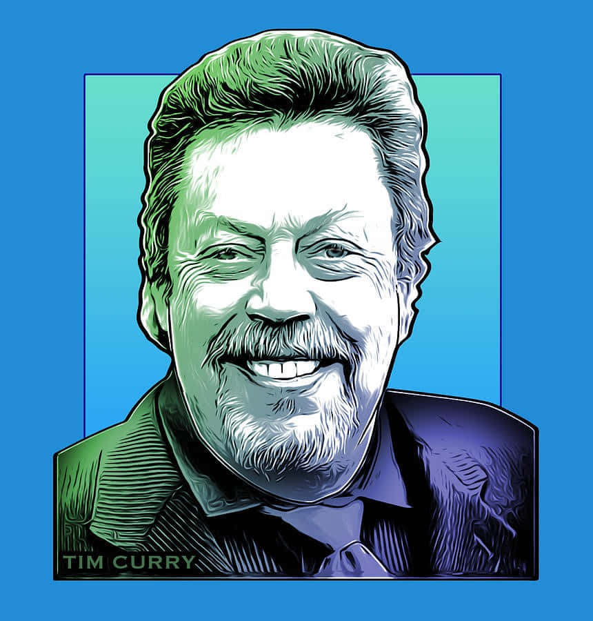 Tim Curry 桌布 壁紙 — 一幅風格化的蒂姆·庫里肖像，以綠色和藍色色調微笑，背景為鮮豔的藍色。