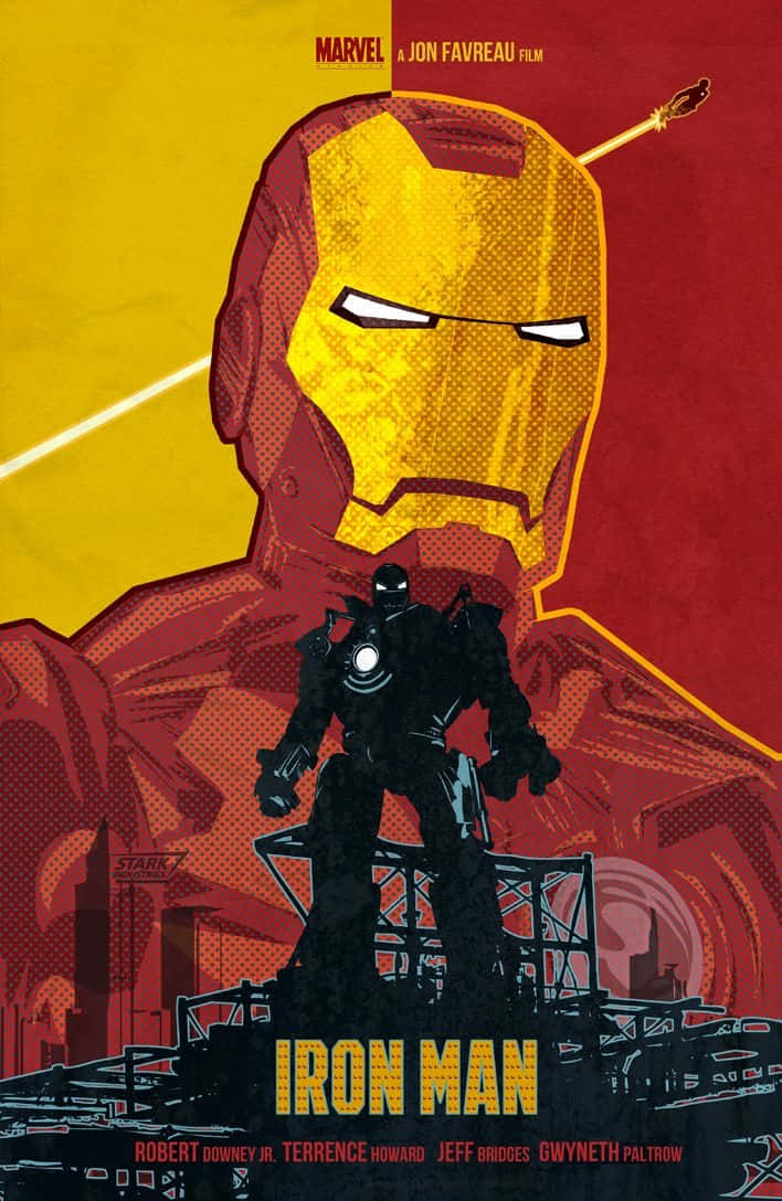 Iron Man Movies 桌布 壁紙 — 一幅風格化的鋼鐵俠海報，下方有一個較小的裝甲人物，背景為黃色和紅色分割。