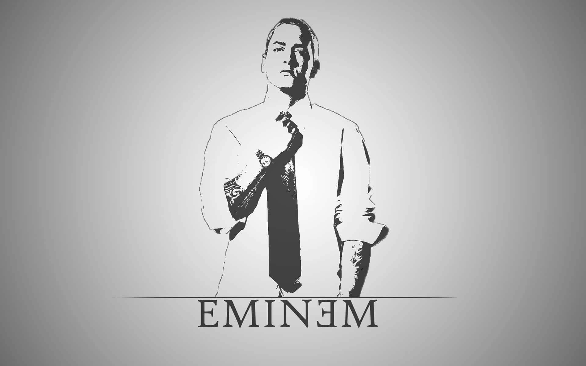 Eminem 桌布 壁紙 — 一幅風格化的黑白插圖，描繪Eminem在灰色漸變背景前調整領帶。