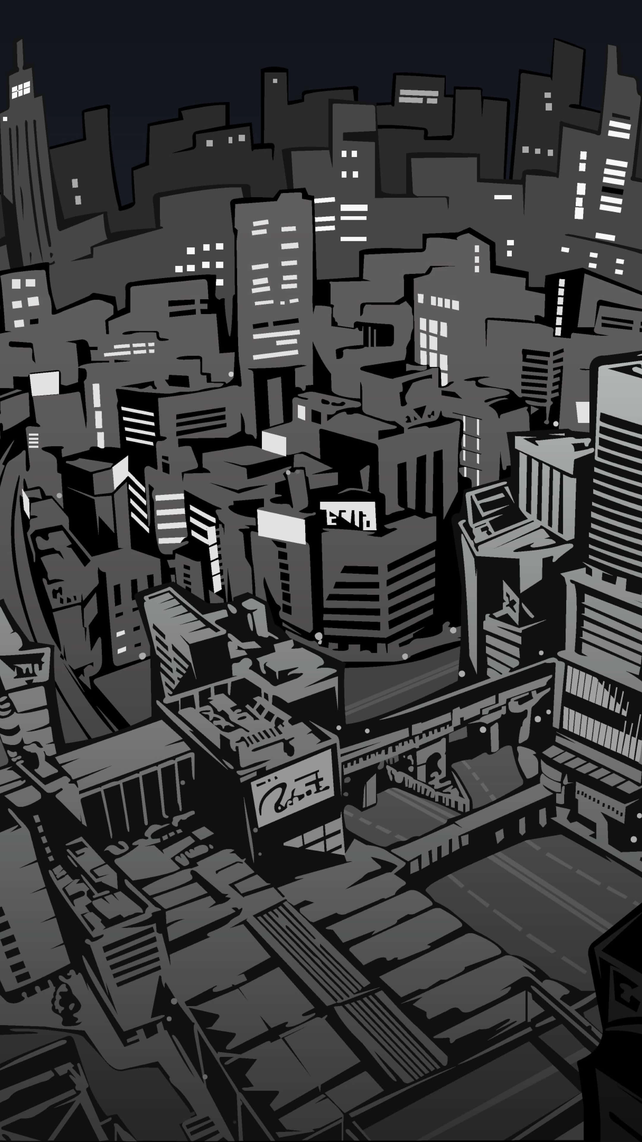 persona 桌布 壁紙 — 一幅風格化的黑白插圖，描繪了密集的城市夜景，帶有發光的窗戶和銳利的幾何建築。