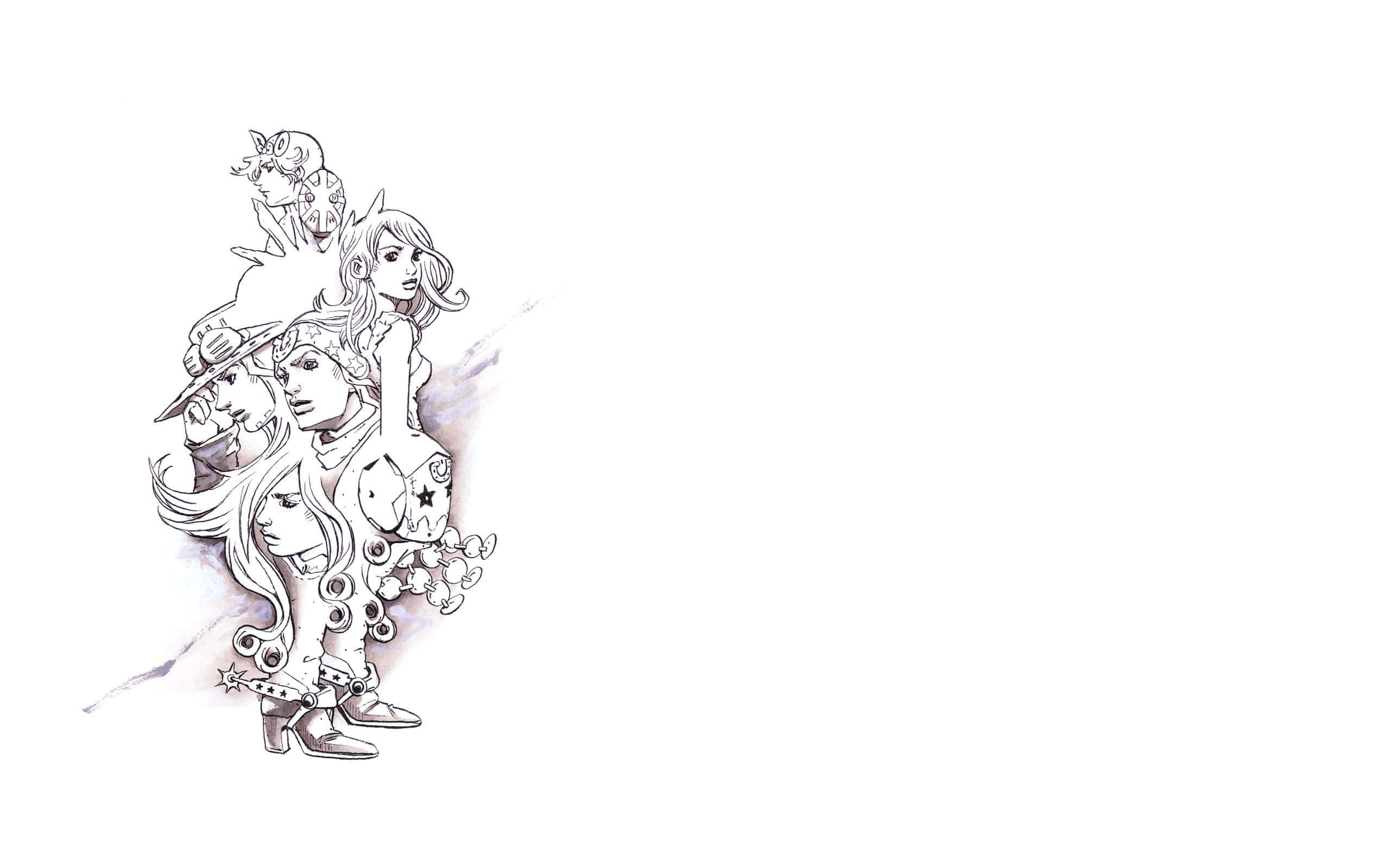 Jojo Steel Ball Run 桌布 壁紙 — 一幅風格化的黑白插圖，描繪四個帶有花卉和星星圖案的角色，背景為純白色。