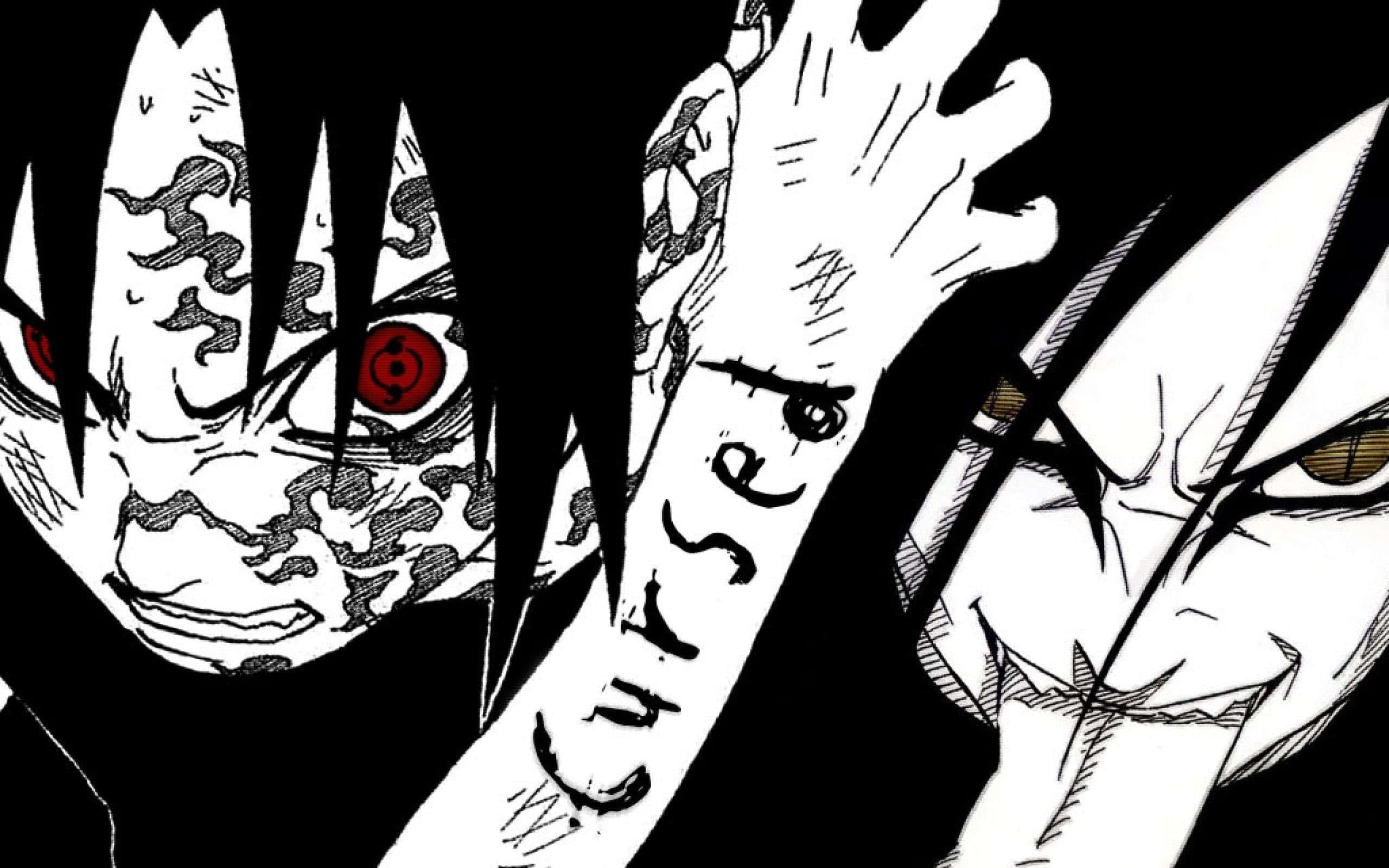 Sasuke Uchiha Cursed Mark 桌布 壁紙 — 一幅高對比度的動漫插圖，描繪一個擁有紅色眼睛和詛咒封印標記的角色，正伸向另一個威脅性的面孔。