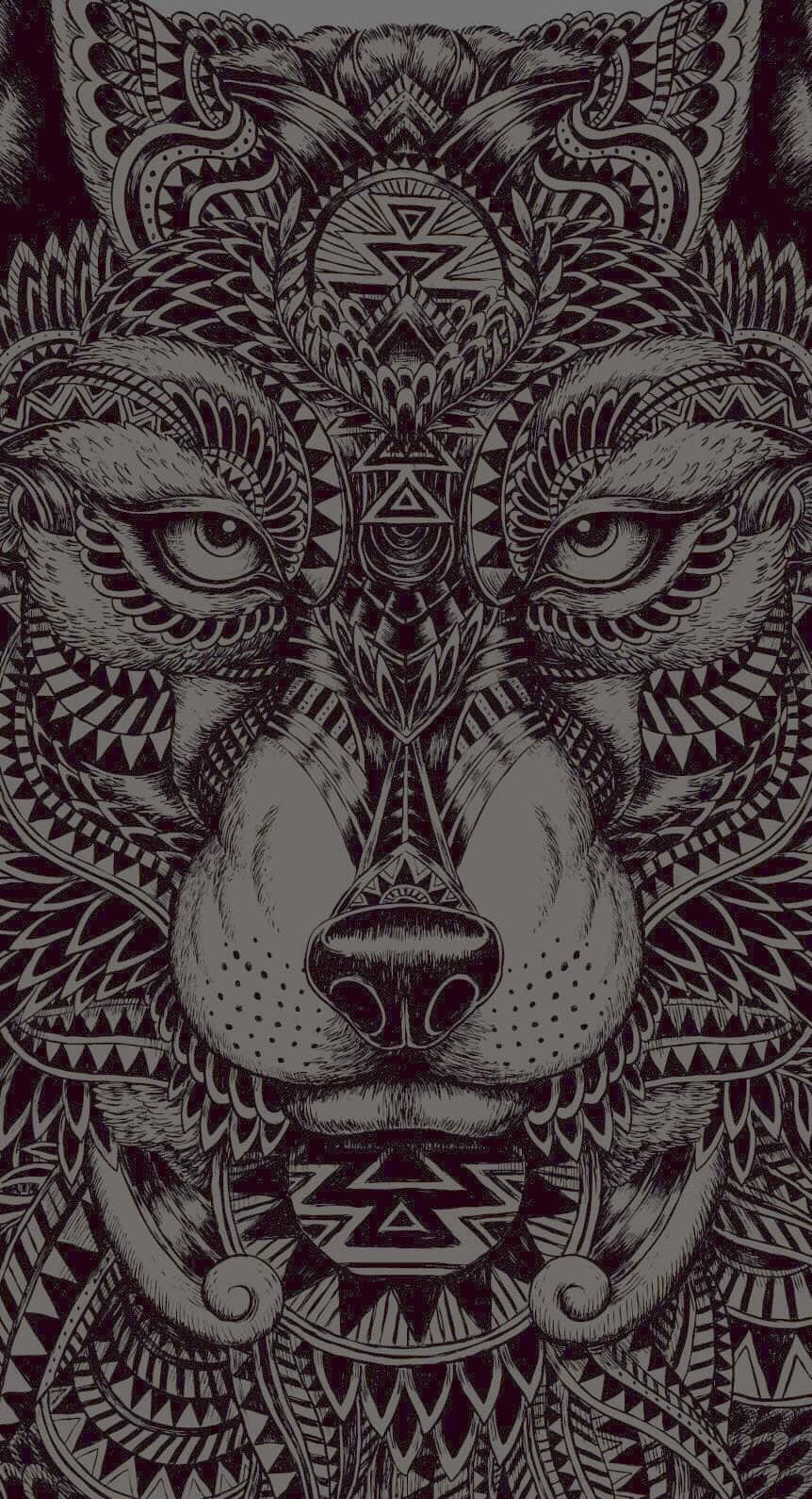 Tribal Wolf 桌布 壁紙 — 一幅高度詳細的黑白插圖，描繪獅子的臉，飾有複雜的部落幾何圖案。