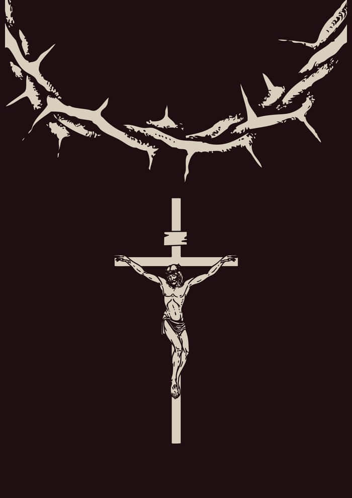 Jesus Crown Of Thorns 桌布 壁紙 — 一幅鮮明的白色插圖，描繪耶穌在荊棘冠冕下被釘十字架，背景為深棕色。