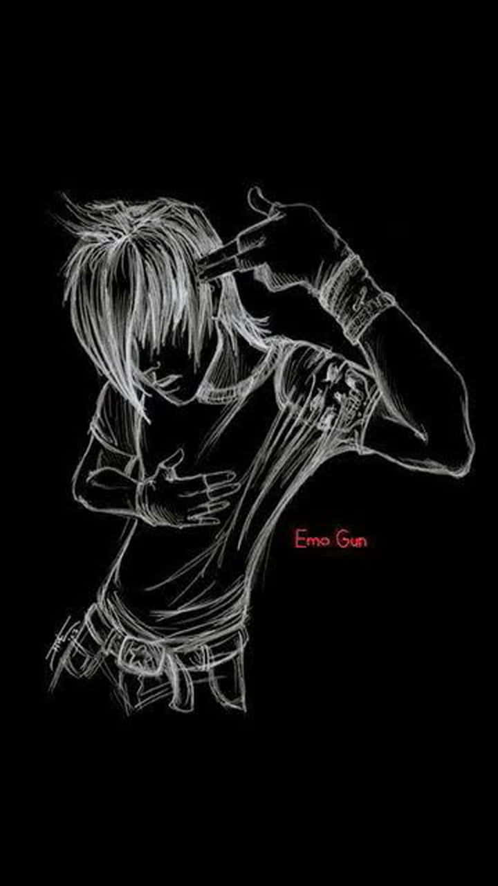 emo 桌布 壁紙 — 一幅鮮明的白色線條藝術草圖，描繪一個頭髮凌亂的人，在黑色背景上將槍指向自己的頭部。