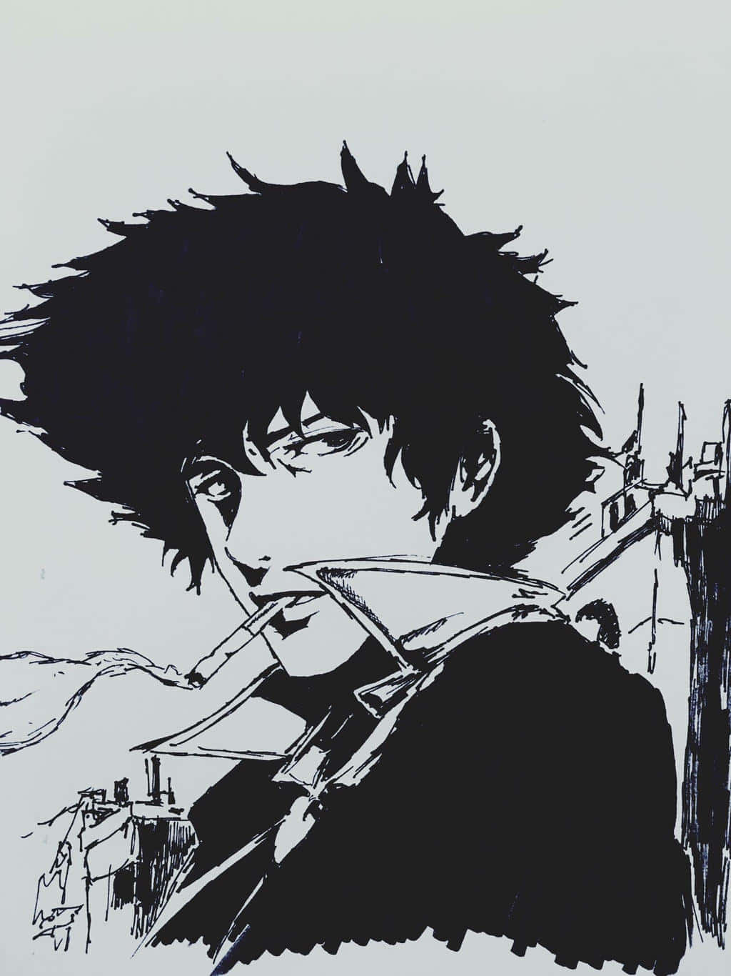 Spike Spiegel 桌布 壁紙 — 一幅鮮明的黑白動漫風格插圖，描繪一位頭髮尖刺的年輕男子在極簡城市背景下吸煙。