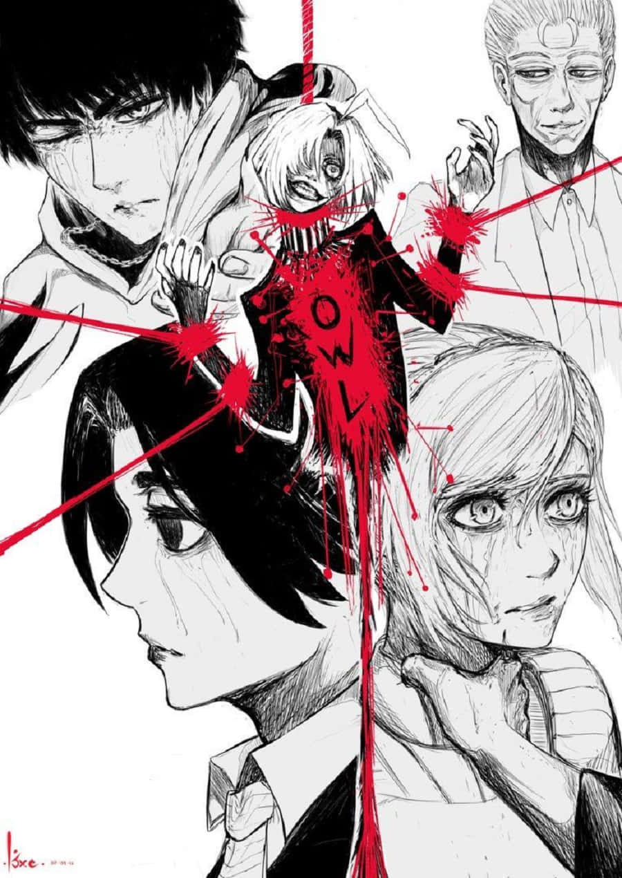 Kureo Mado 桌布 壁紙 — 一幅鮮明的黑白動畫插圖，描繪了五個表情強烈的角色，被鮮紅色的飛濺和線條刺穿，形成單詞「ROWL」。