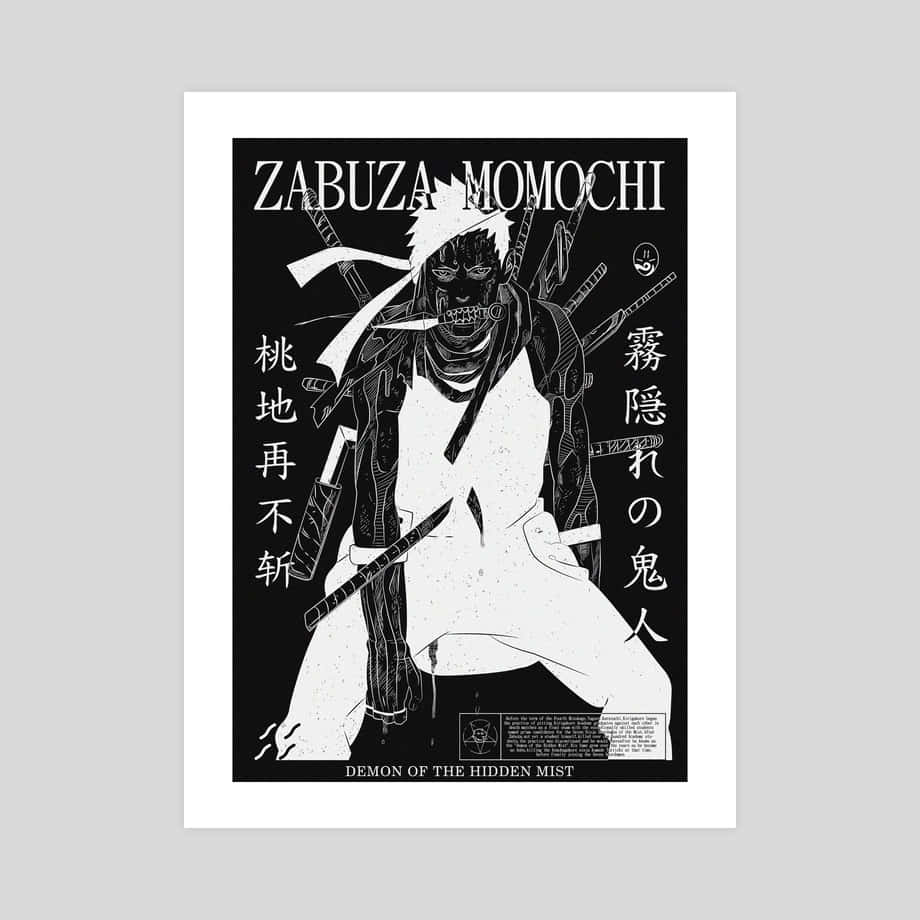 Zabusa Momochi 桌布 壁紙 — 一幅鮮明的黑白動畫海報，描繪桃地再不斬揮舞多把刀，帶有日文字和兇猛的表情。