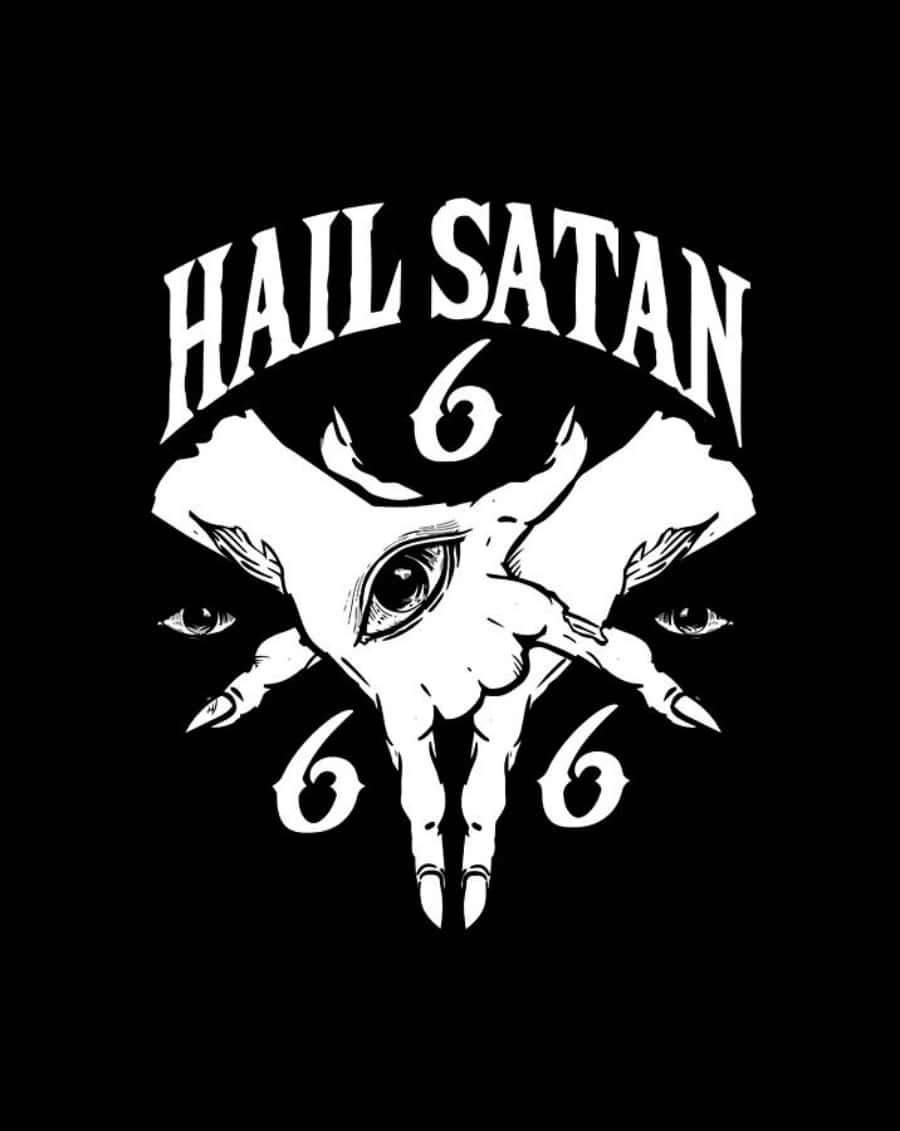 撒旦 桌布 壁紙 — 一幅鮮明的黑白圖形展示了一個惡魔頭骨，中央有一隻眼睛，兩側有兩隻眼睛，上方有文字'HAIL SATAN'，下方有'666'。
