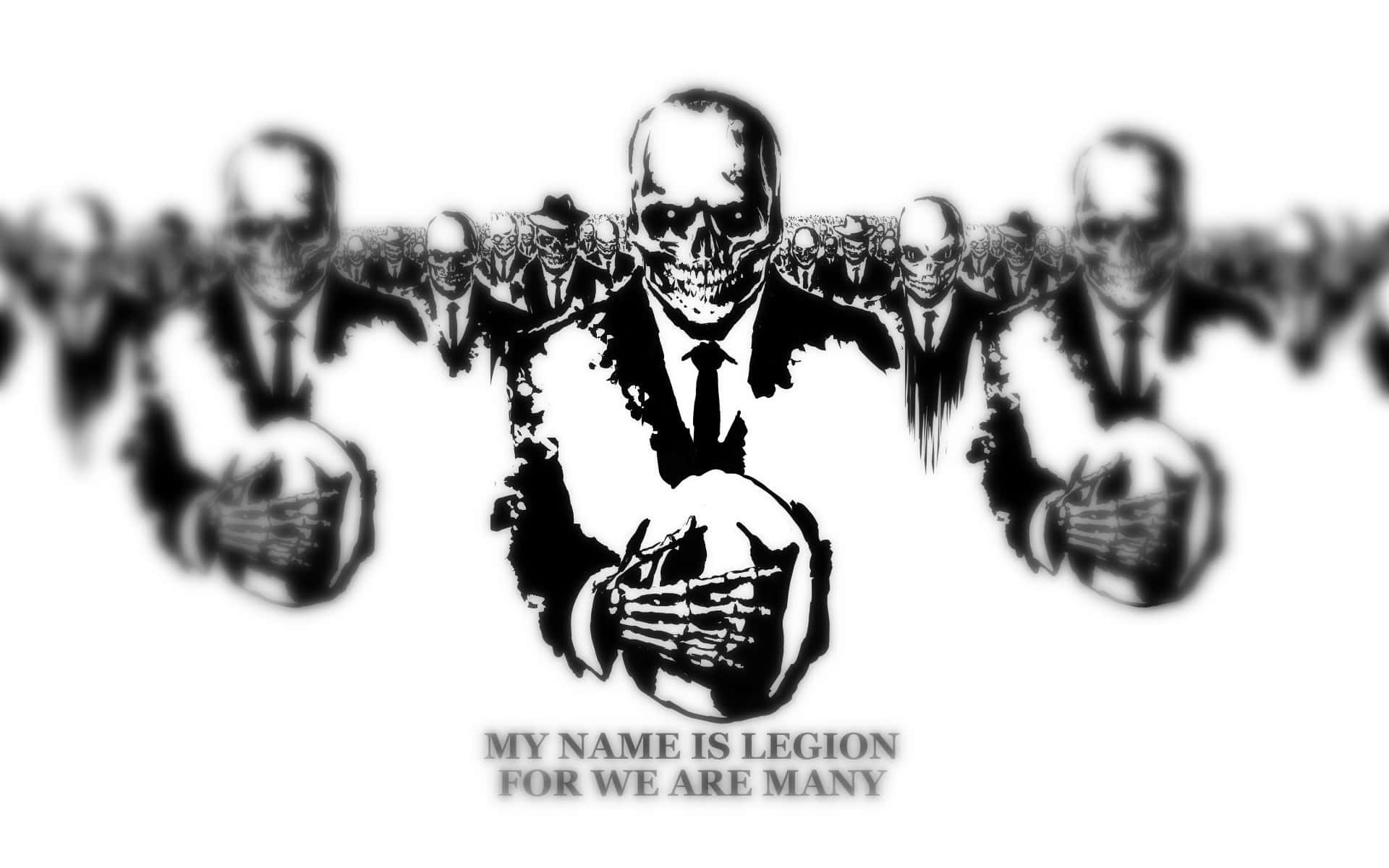 Anonymous 桌布 壁紙 — 一幅鮮明的黑白插圖，中央是一個穿西裝的骷髏頭男子手持地球儀，兩側是模糊的相同人物軍隊。