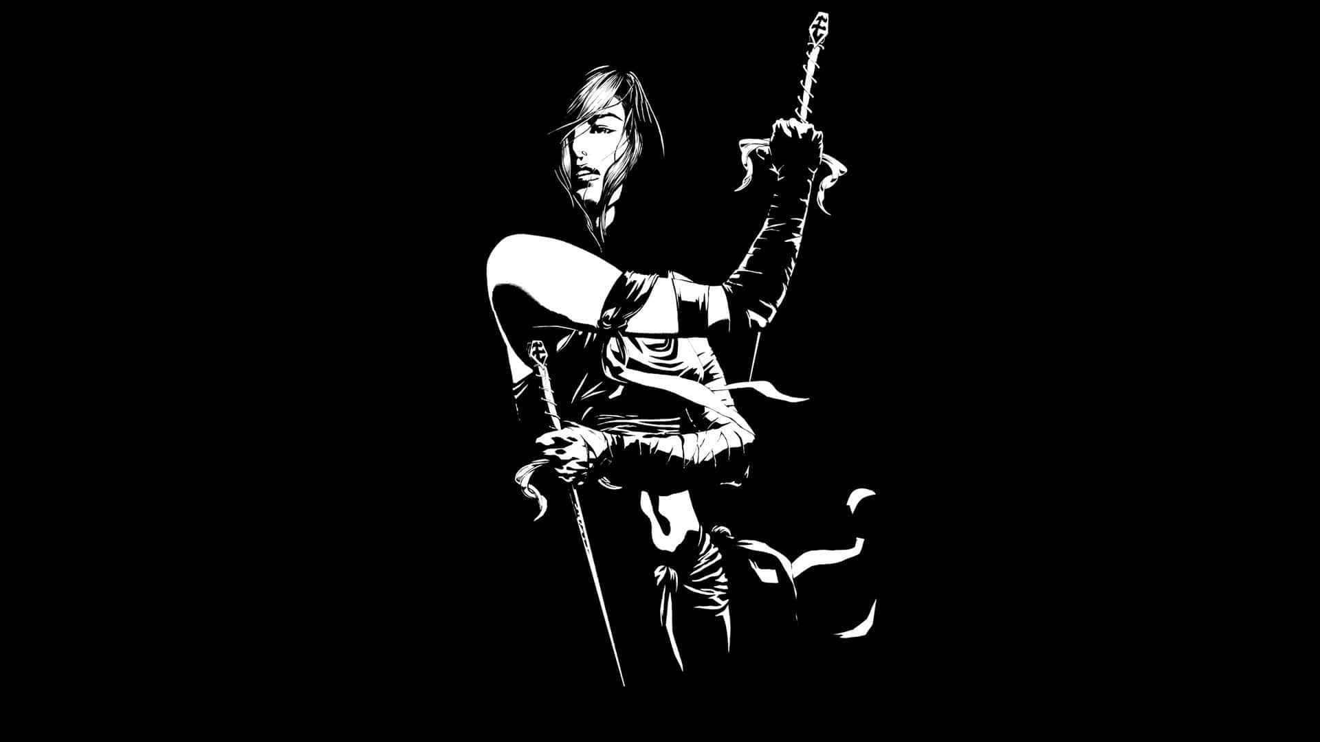 Black And White Comic 桌布 壁紙 — 一幅鮮明的黑白插圖，描繪一位女戰士在黑暗背景下手持兩把劍。