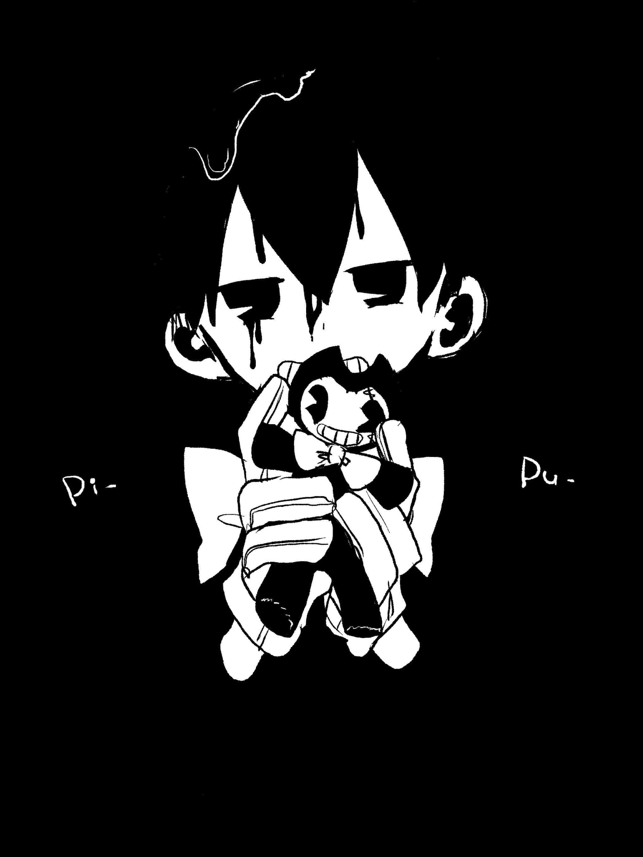 Bendy 桌布 壁紙 — 一幅鮮明的黑白插圖，描繪一個Q版角色在虛空背景中抱著一個較小的微笑人偶。