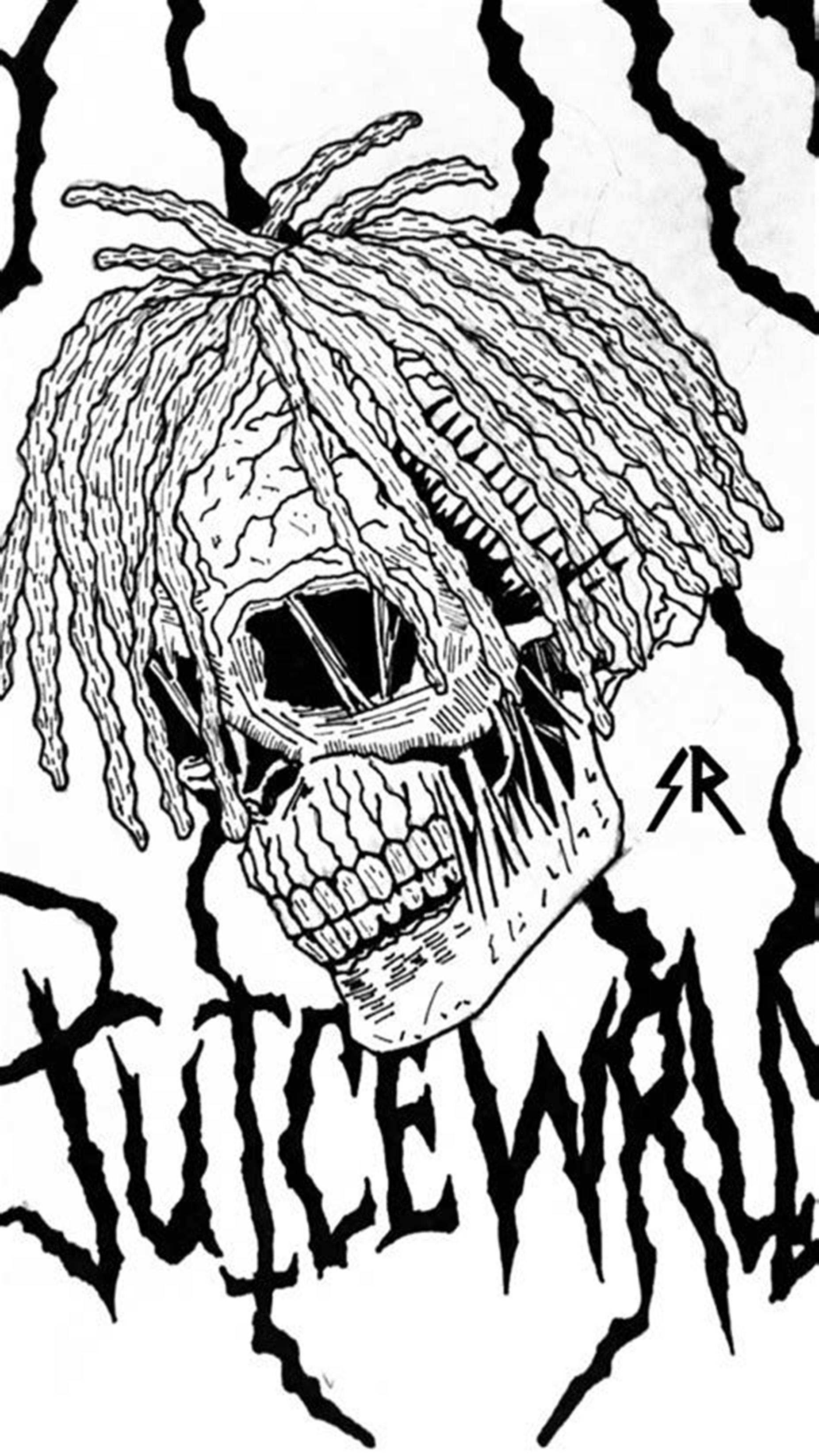 藝術 桌布 壁紙 — 一幅鮮明的黑白插圖，描繪一個帶有辮子頭顱骨，周圍佈滿鋸齒狀裂縫，並帶有「JUICEWRLD」字樣。
