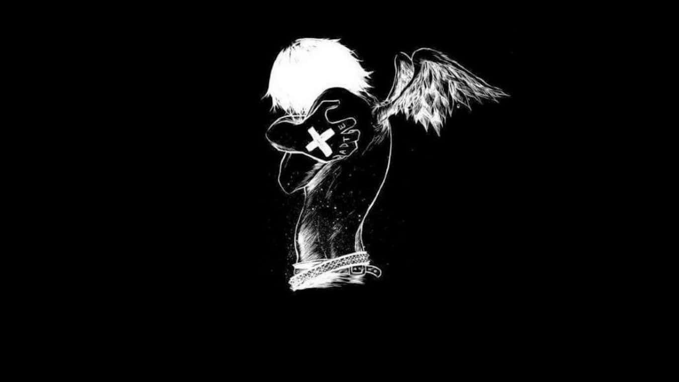 emo 桌布 壁紙 — 一幅鮮明的黑白插圖，描繪一個有翼的人物，胸前有十字架，在虛無中悲傷地蜷縮著。