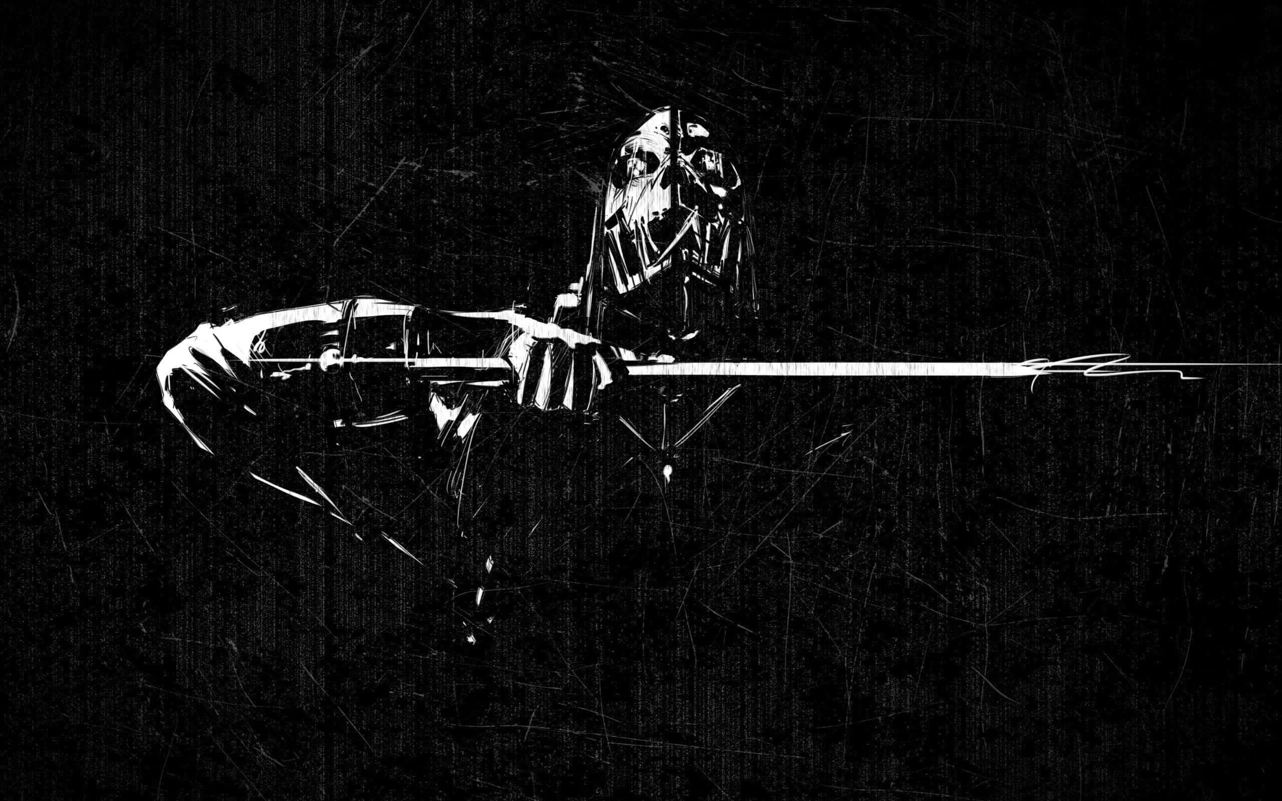 Dark Gaming 桌布 壁紙 — 一幅鮮明的黑白插圖，描繪一個骷髏人物在刮花的深色背景前手持長弓。