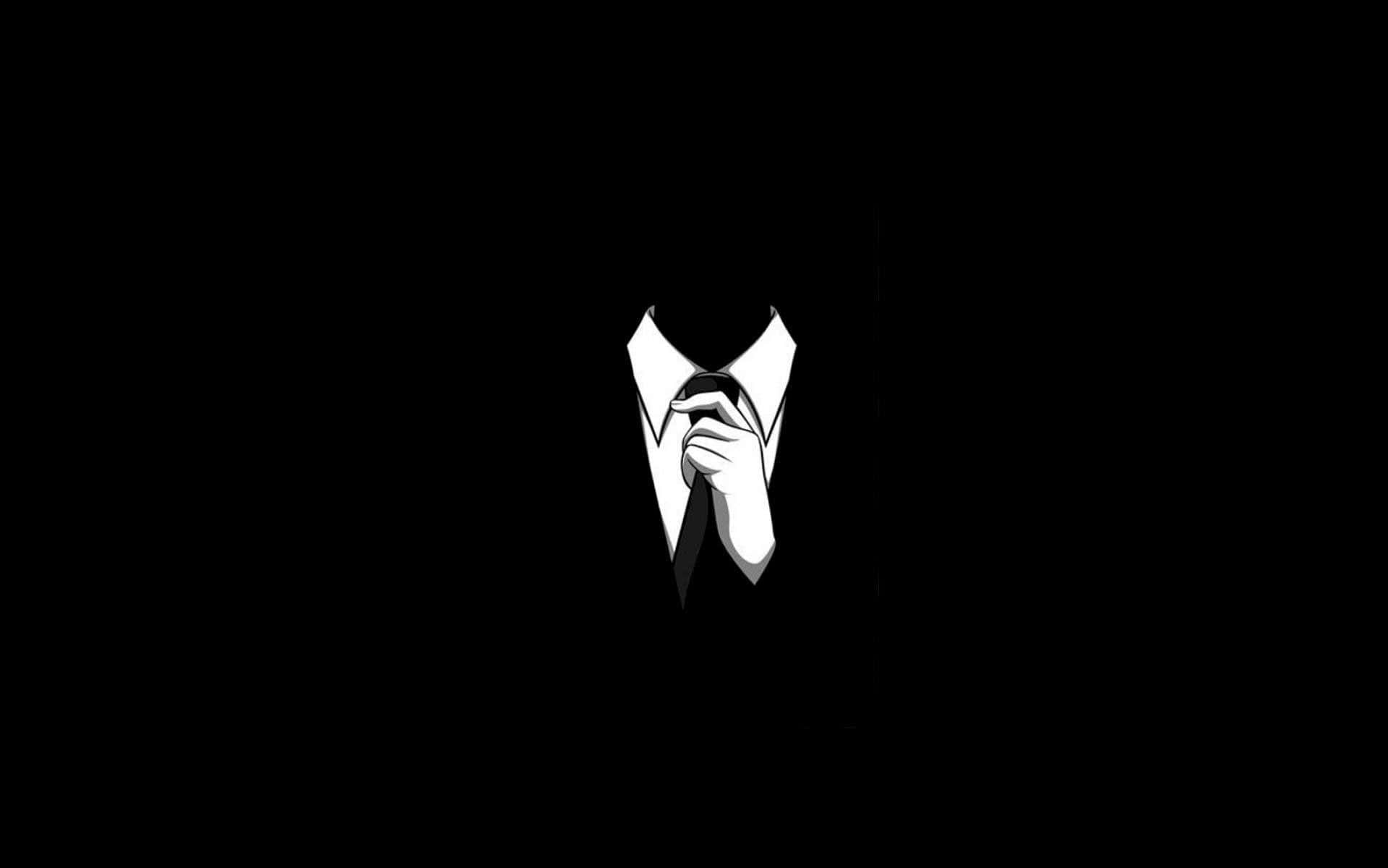 spy 桌布 壁紙 — 一幅鮮明的黑白插圖，描繪一隻手在虛空中調整領帶，象徵匿名性或企業身份。