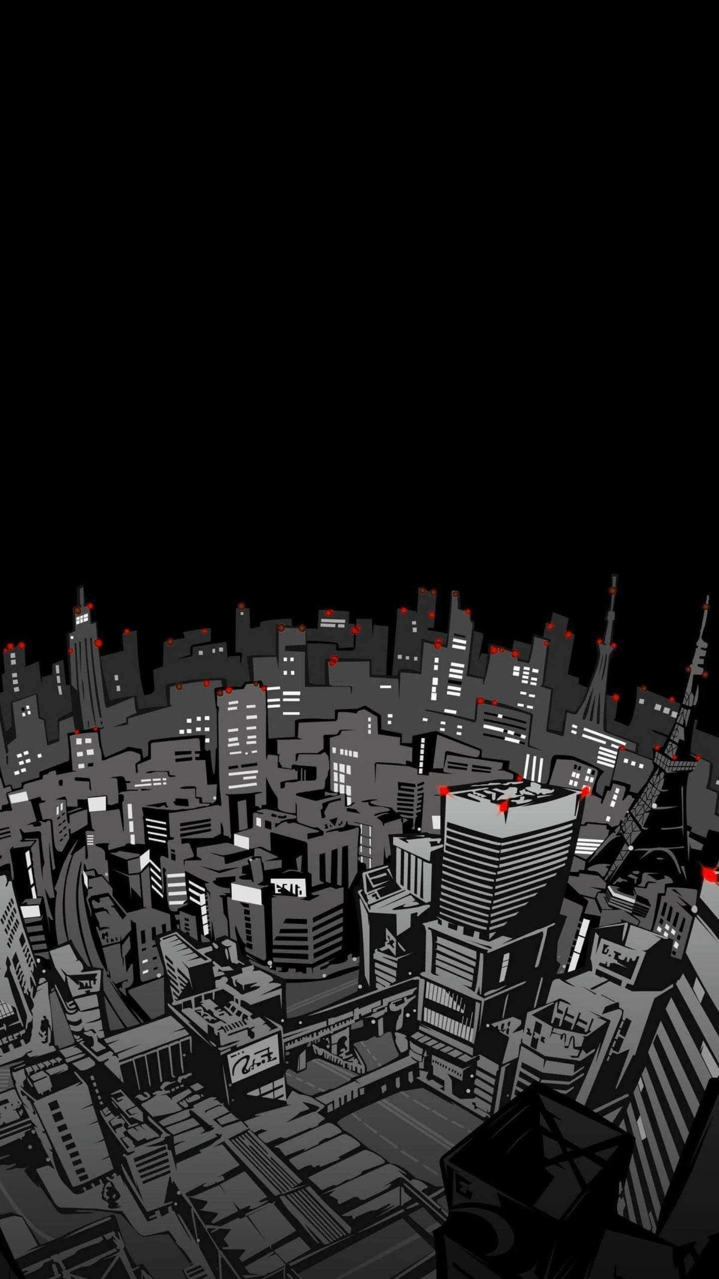 暗夜城市 桌布 壁紙 — 一幅鮮明的黑白插圖，描繪了夜晚廣闊的城市天際線，摩天大樓上帶有發光的紅色點綴。