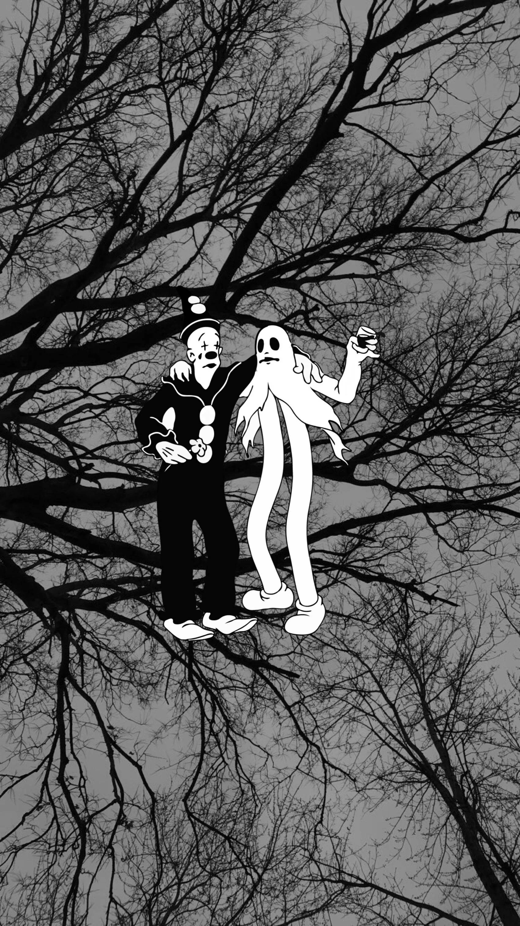 Ghostemane 桌布 壁紙 — 一幅鮮明的黑白插圖，描繪小丑和幽靈棲息在光禿禿的樹枝上，背景是灰色的天空。