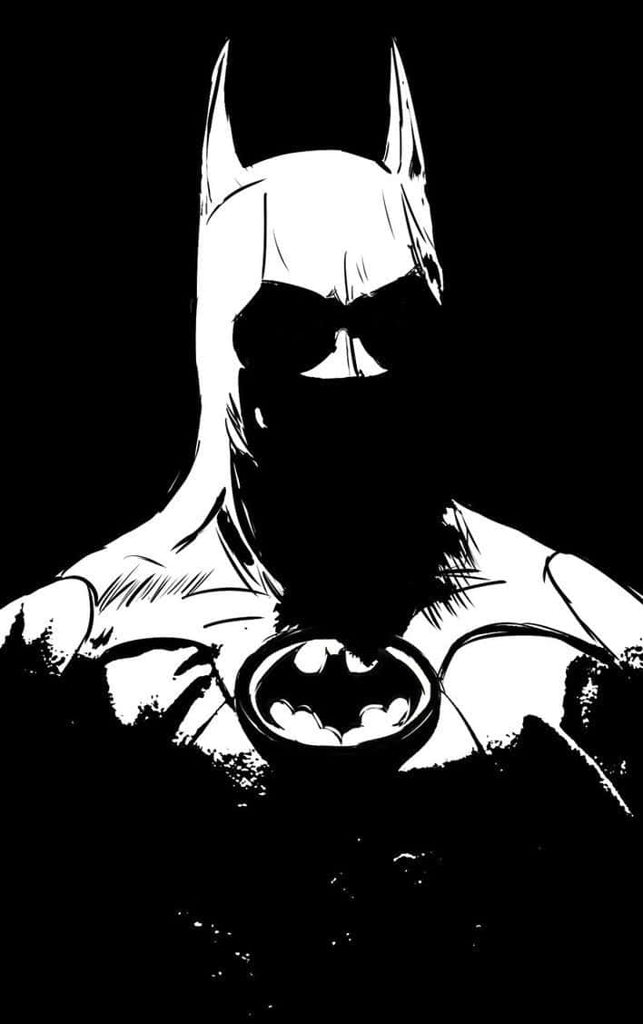 Batman Black And White 桌布 壁紙 — 一幅鮮明的黑白插圖，描繪蝙蝠俠的上半身，帶有他標誌性的頭罩和蝙蝠標誌，背景為深色。