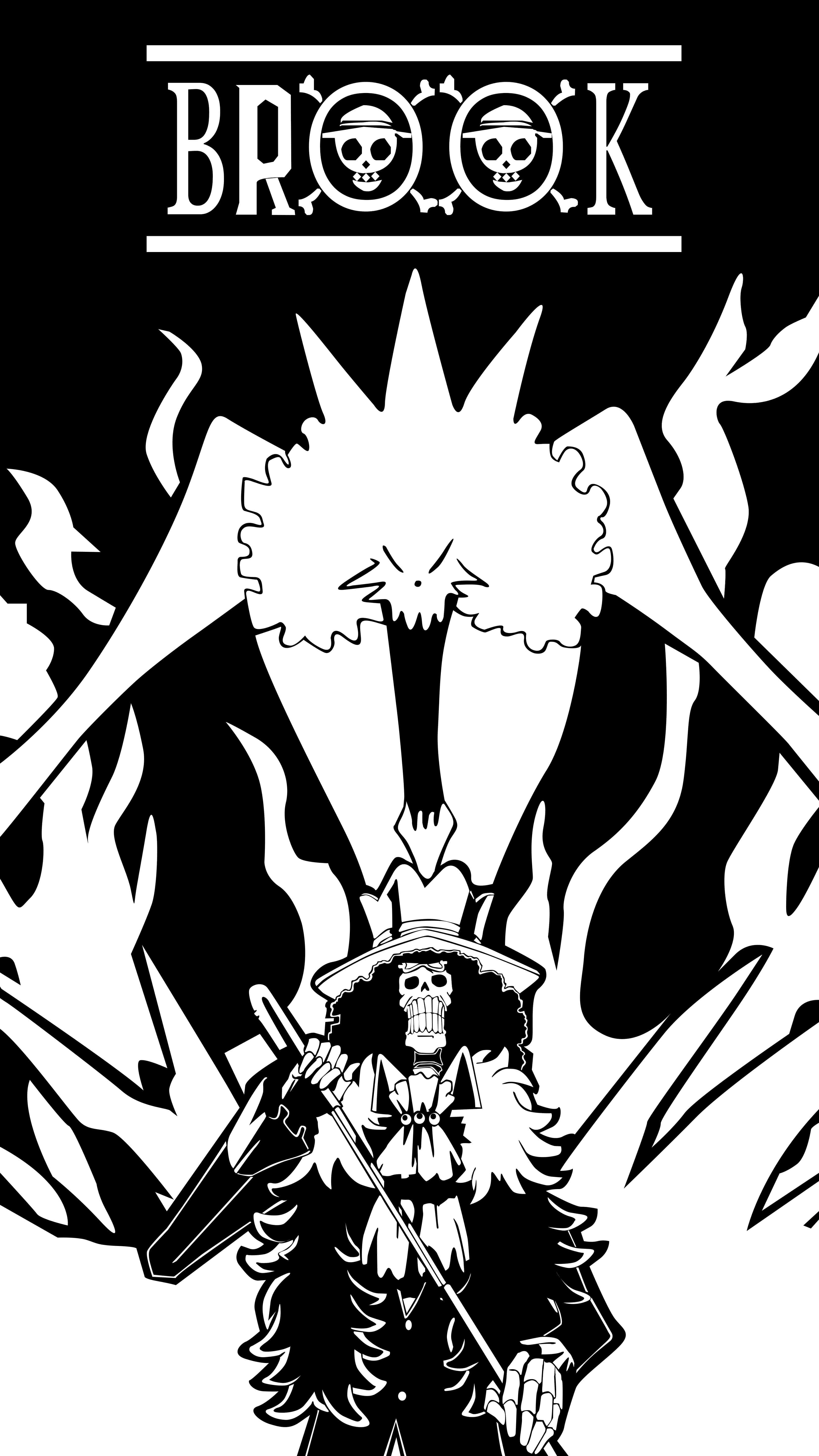 Brook 桌布 壁紙 — 一幅鮮明的黑白插圖，描繪骷髏海盜布魯克揮舞著劍，身後有一個火焰般的鬼魂形象。