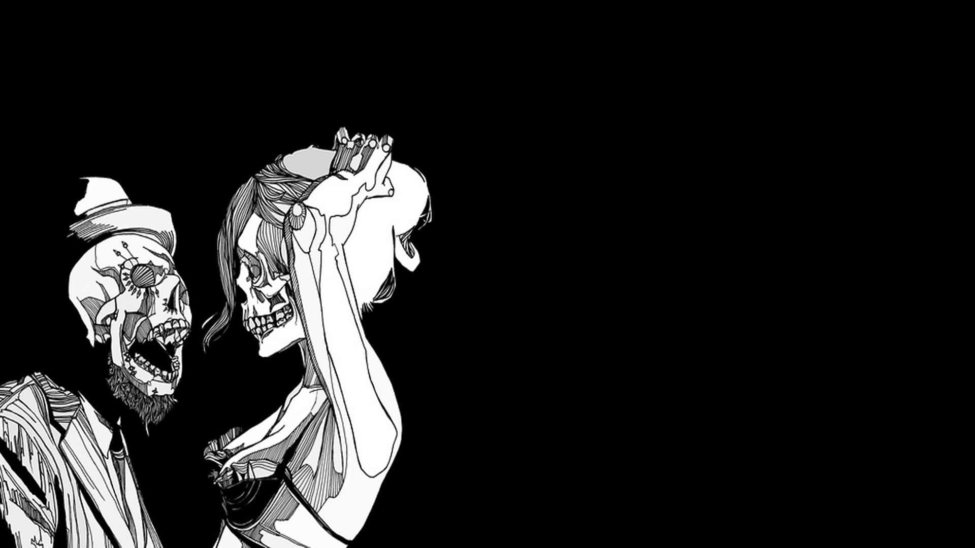 Halloween Skeleton 桌布 壁紙 — 一幅鮮明的黑白插圖中，兩個骷髏人物，一個戴帽有鬍鬚，另一個長髮，兩者以富表現力的姿態面向虛空。