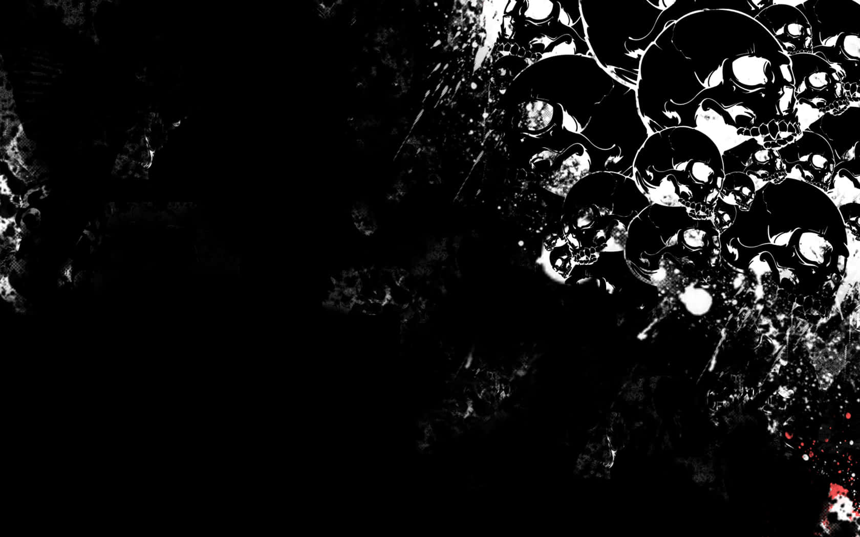 skulls 桌布 壁紙 — 一幅鮮明的黑白數碼藝術作品，呈現一簇光澤的頭骨從帶有紋理的深色背景中浮現，並帶有白色和紅色的飛濺點綴。