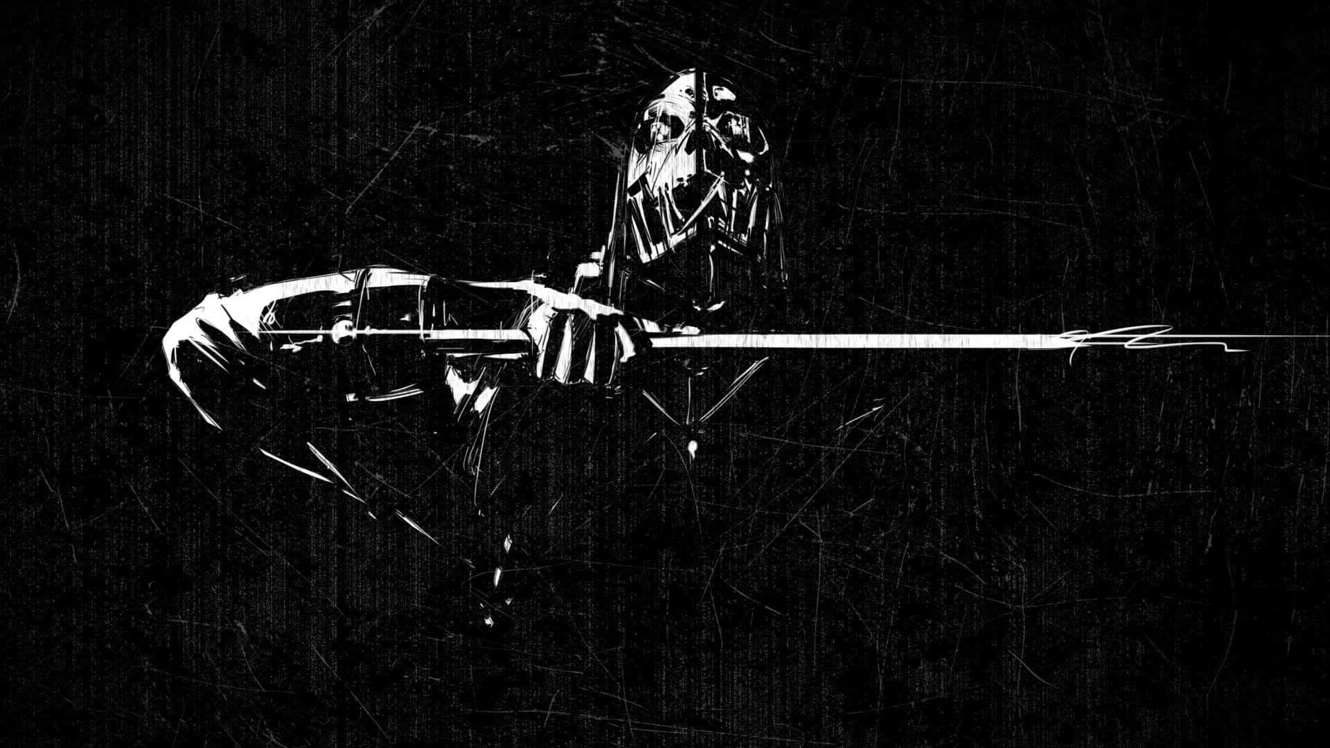killer 桌布 壁紙 — 一幅鮮明的黑白數碼藝術描繪，黑武士達斯維達手持光劍，背景為有刮痕的深色背景。